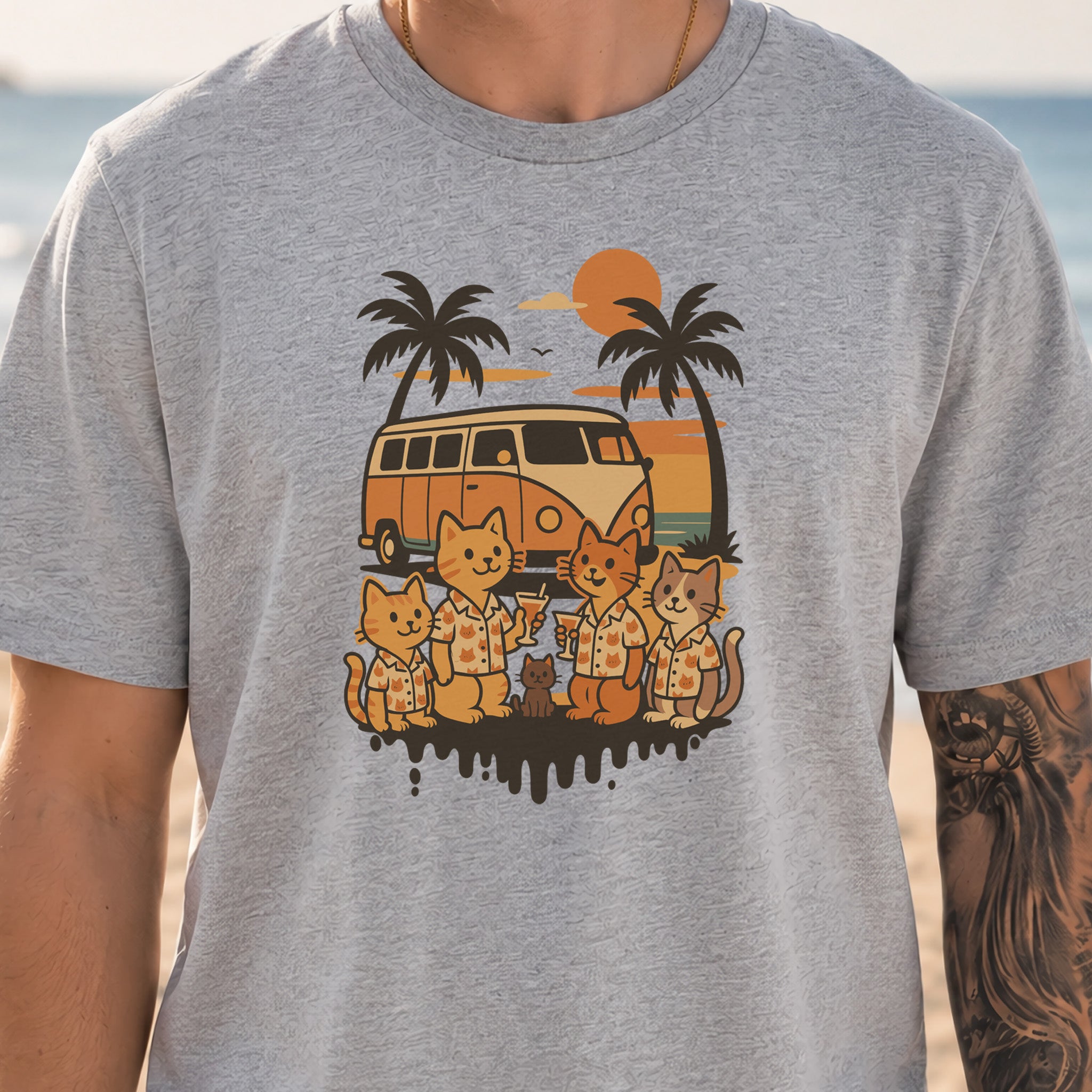 Beach Vacation Cats T-Shirt – Retro Van Life Sunset Tee for Cat Lovers