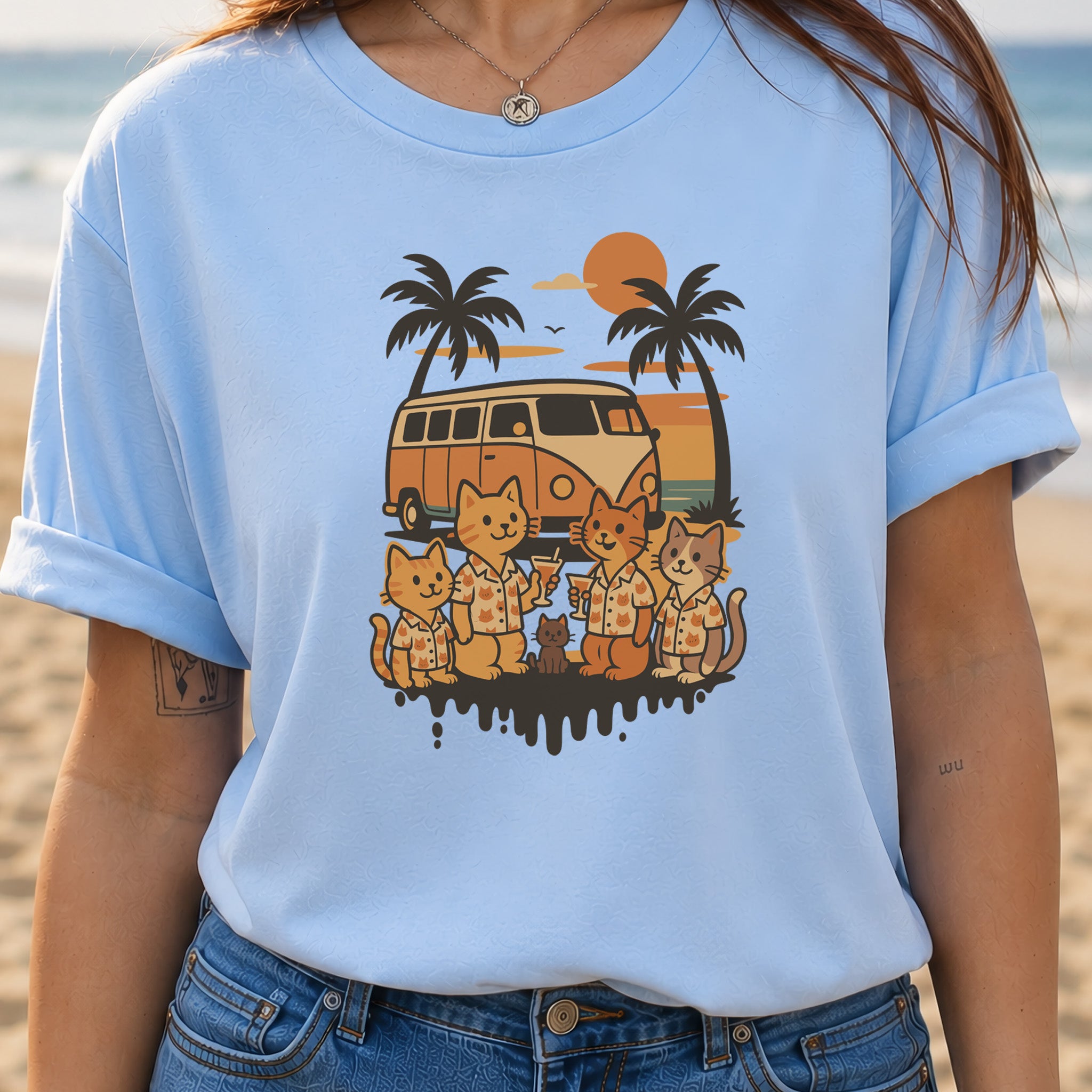 Beach Vacation Cats T-Shirt – Retro Van Life Sunset Tee for Cat Lovers