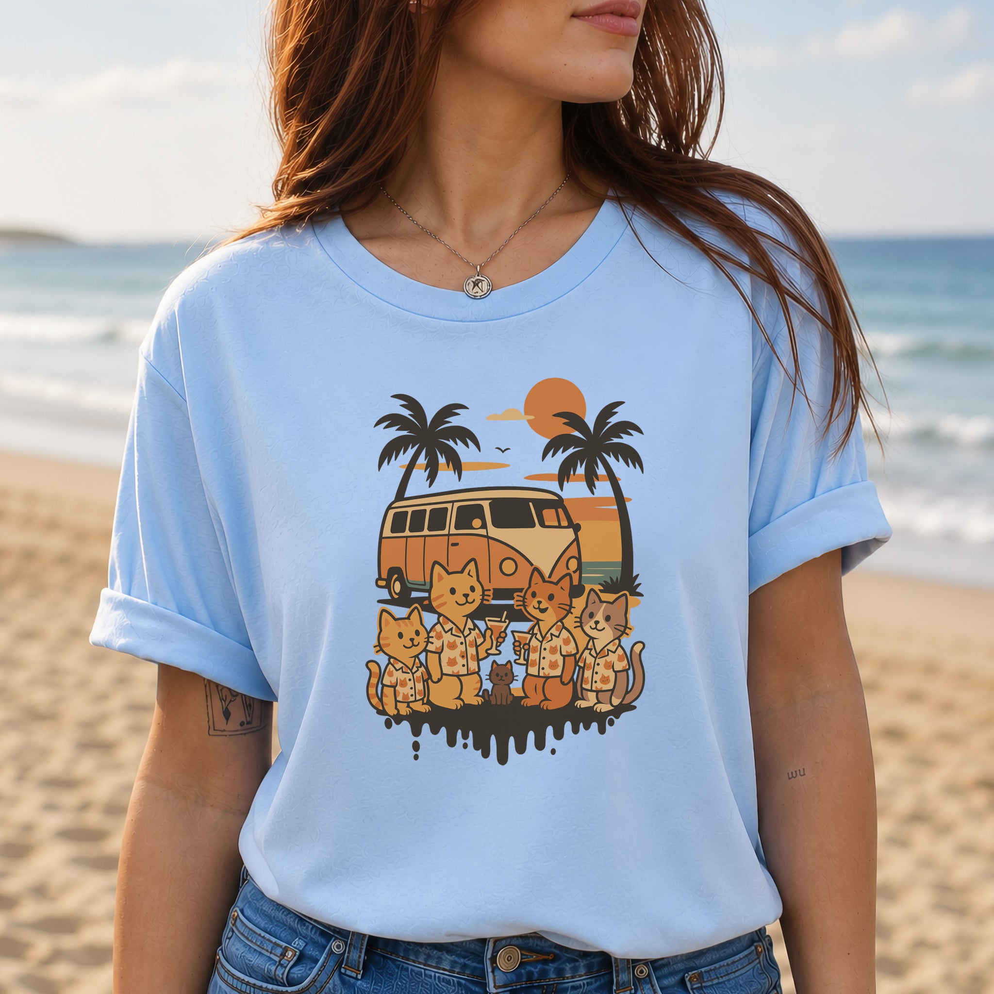 Beach Vacation Cats T-Shirt – Retro Van Life Sunset Tee for Cat Lovers