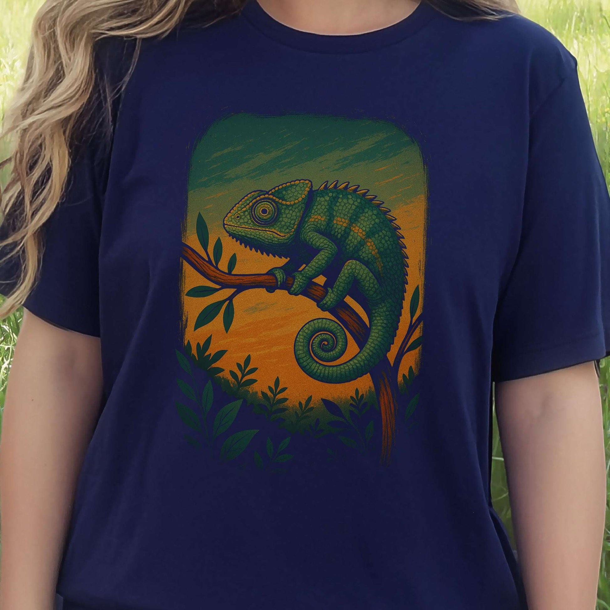 Chameleon in Grove T-Shirt – Nature-Inspired Reptile Art Tee