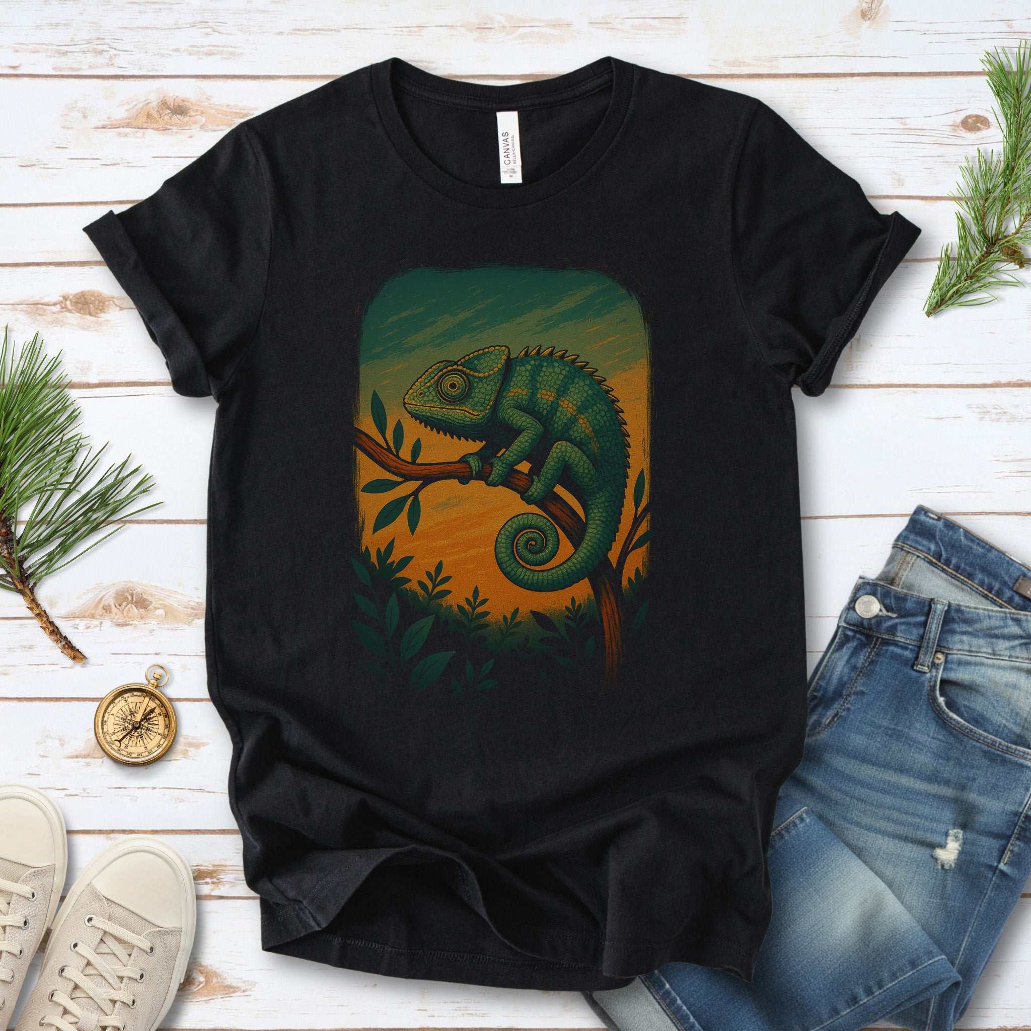 Chameleon in Grove T-Shirt – Nature-Inspired Reptile Art Tee