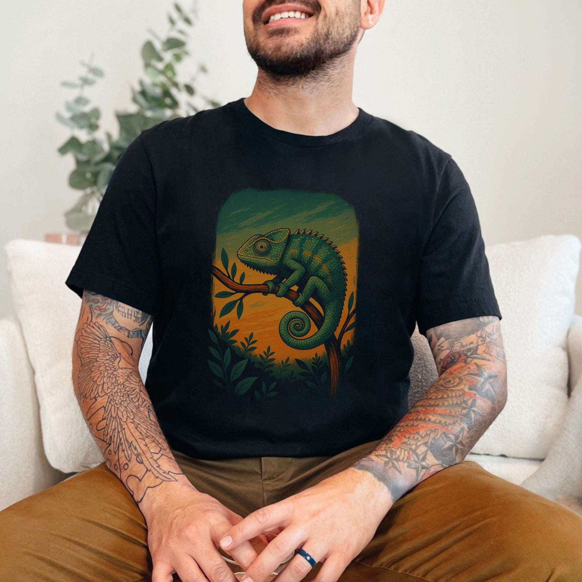 Chameleon in Grove T-Shirt – Nature-Inspired Reptile Art Tee