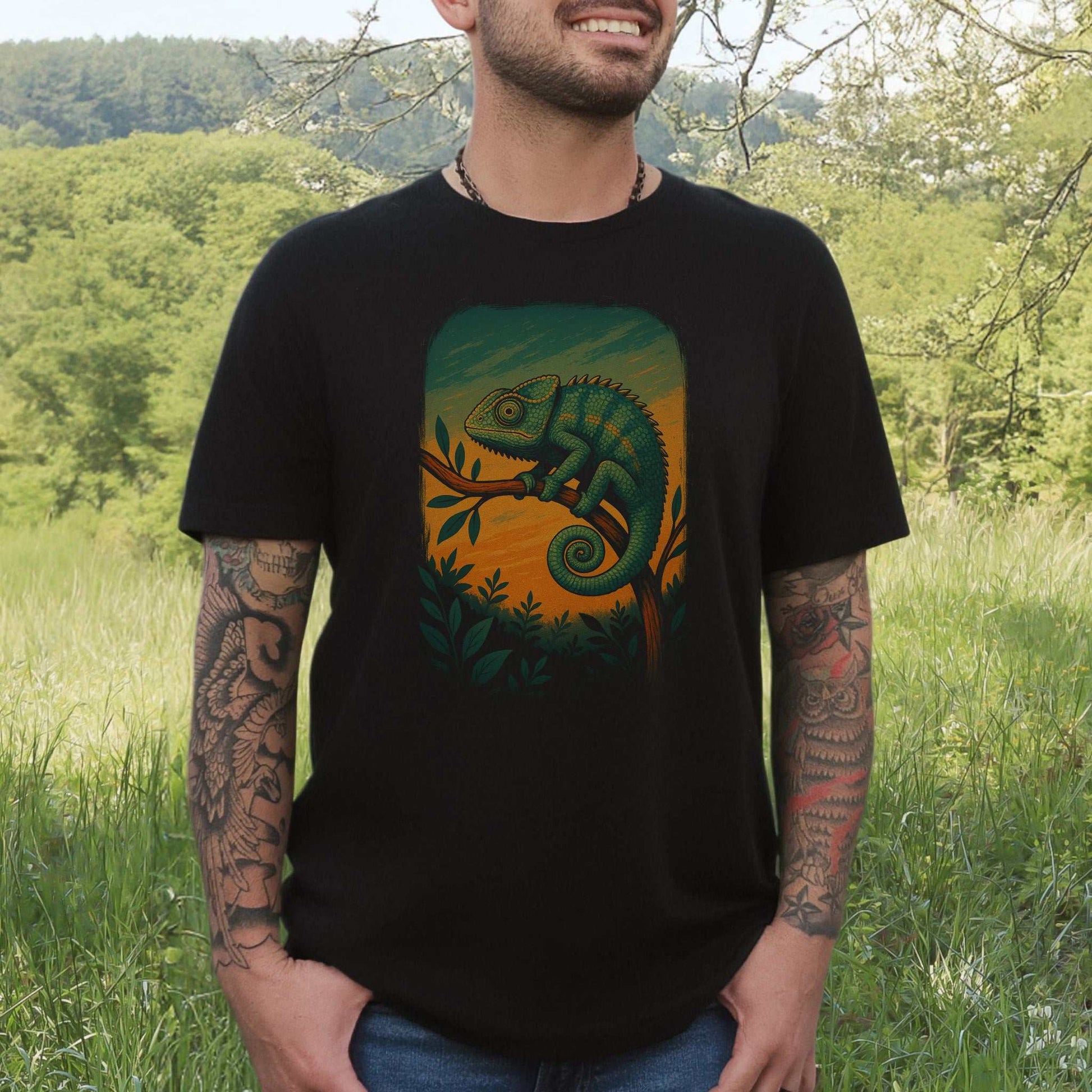 Chameleon in Grove T-Shirt – Nature-Inspired Reptile Art Tee