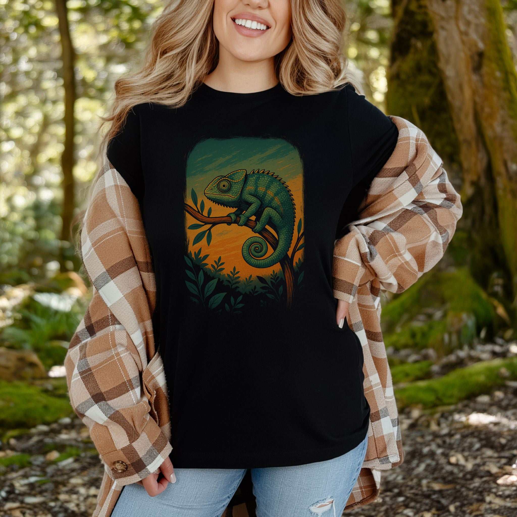 Chameleon in Grove T-Shirt – Nature-Inspired Reptile Art Tee