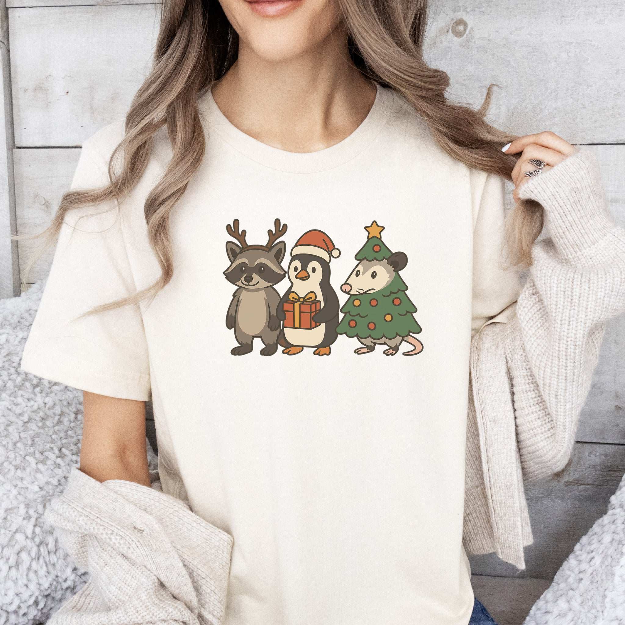 Christmas Critters T-Shirt – Funny Raccoon, Penguin & Possum Tee