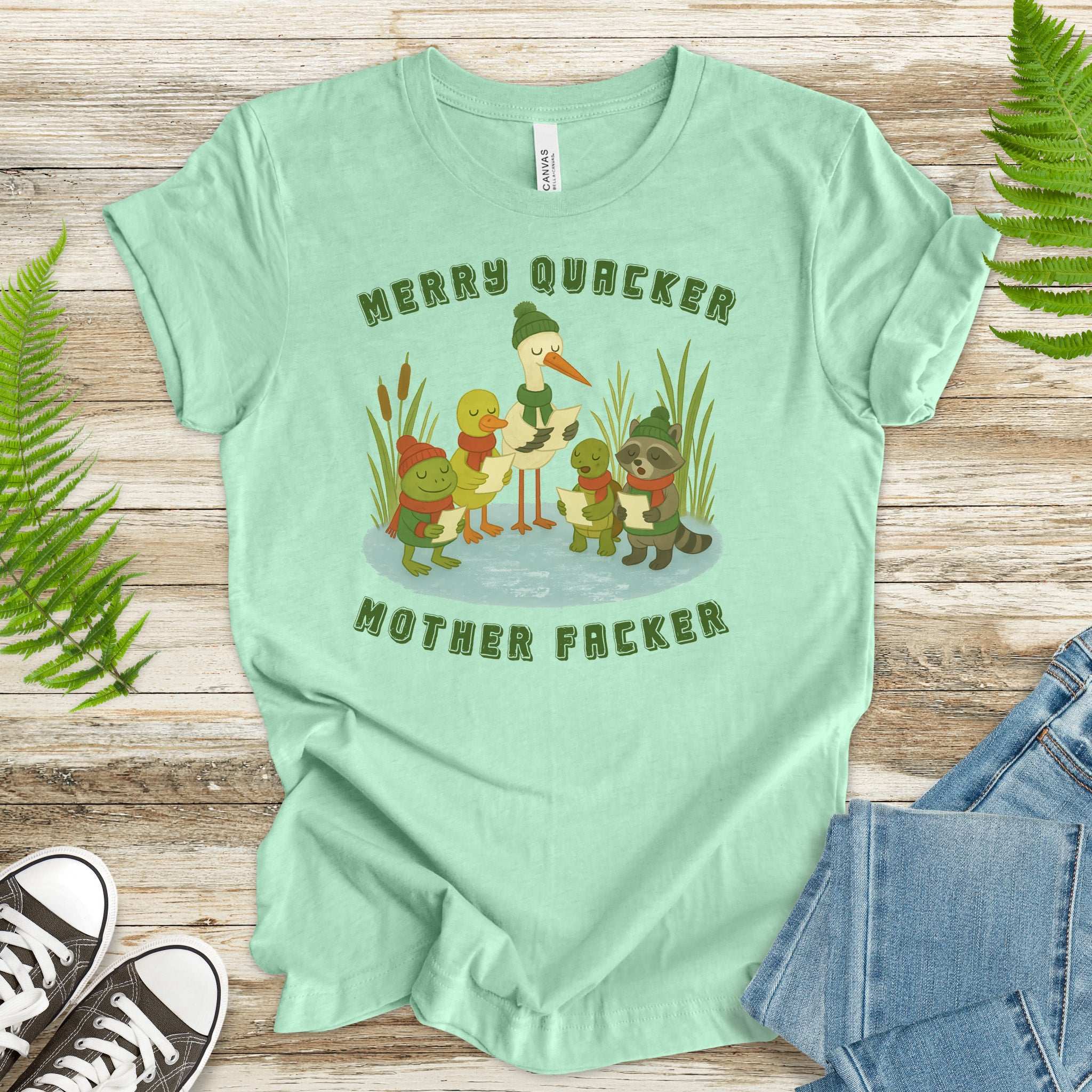Merry Quacker Choir T-Shirt – Funny Duck, Frog & Raccoon Caroling Tee