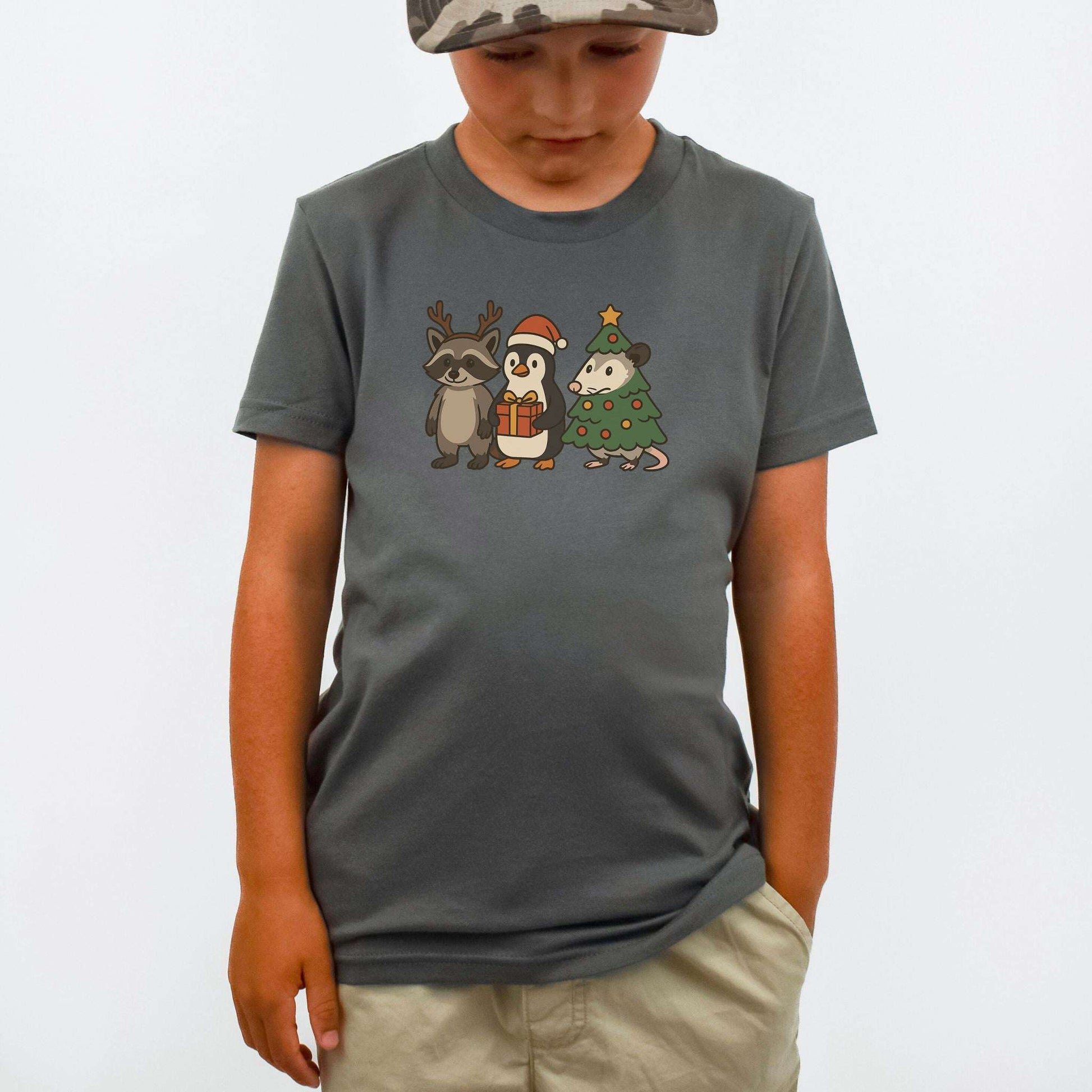 Christmas Critters Youth Tee – Funny Raccoon, Penguin & Possum Shirt