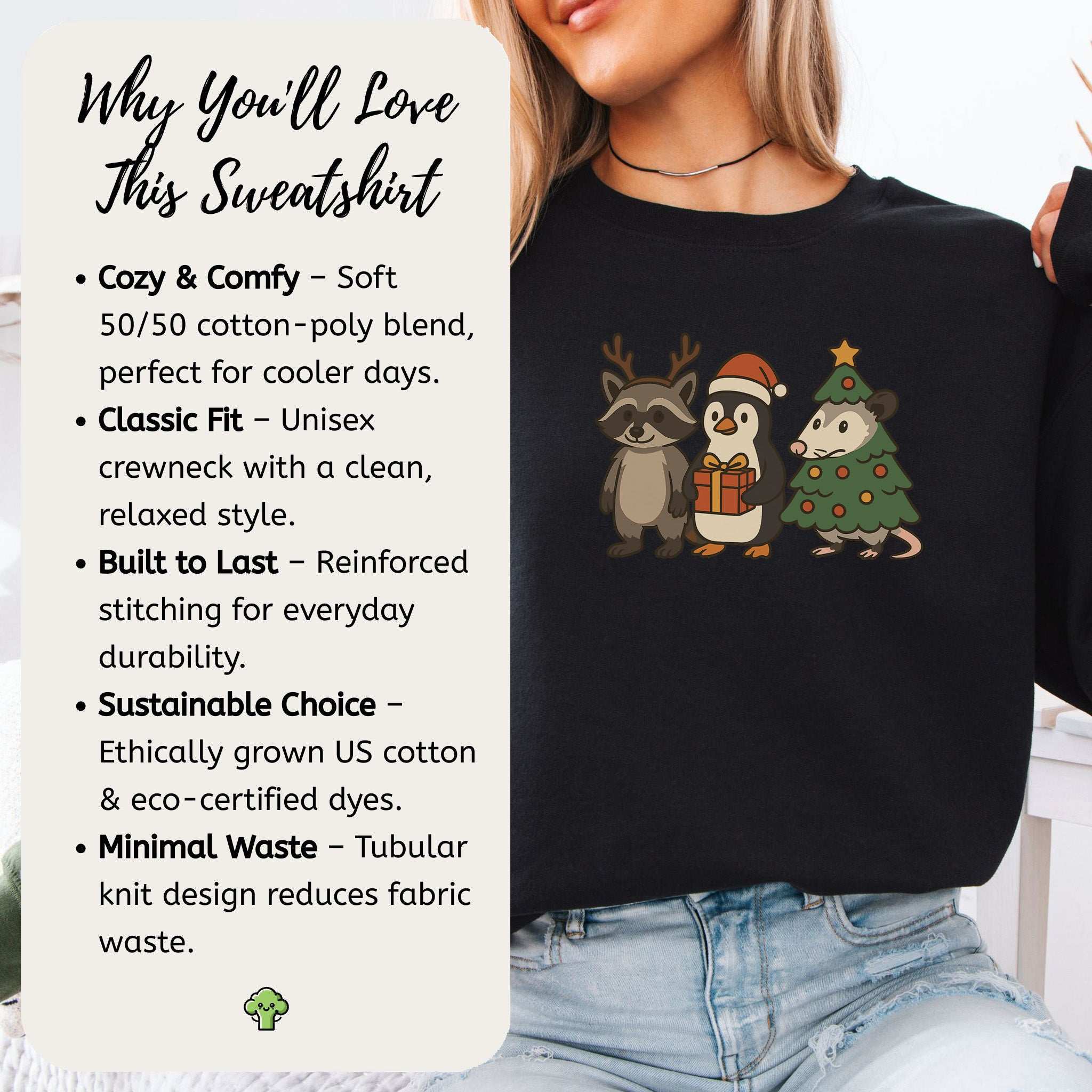 Christmas Critters Sweatshirt – Funny Raccoon, Penguin & Possum Chaos