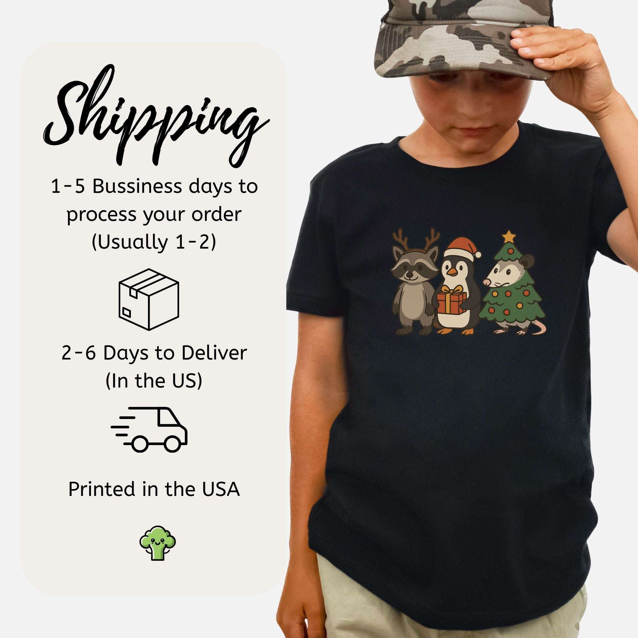 Christmas Critters Youth Tee – Funny Raccoon, Penguin & Possum Shirt