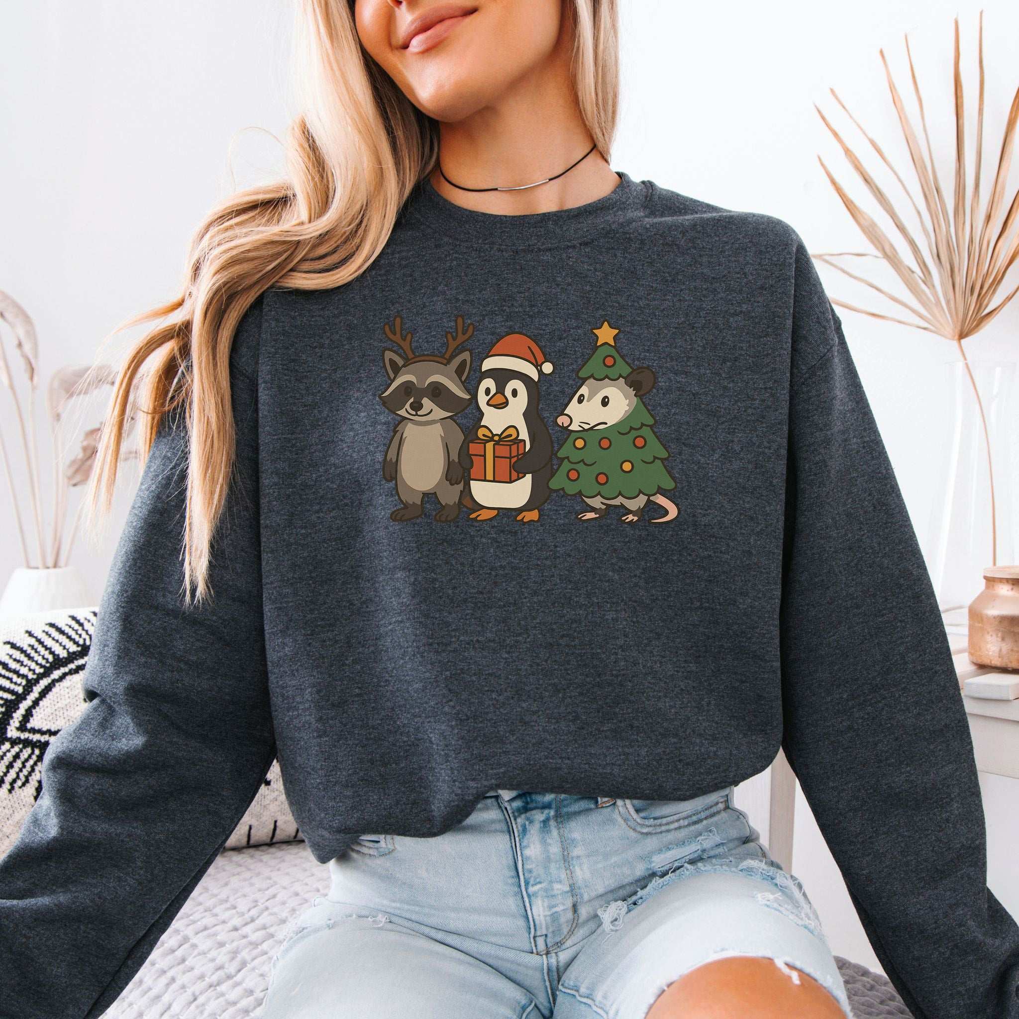 Christmas Critters Sweatshirt – Funny Raccoon, Penguin & Possum Chaos