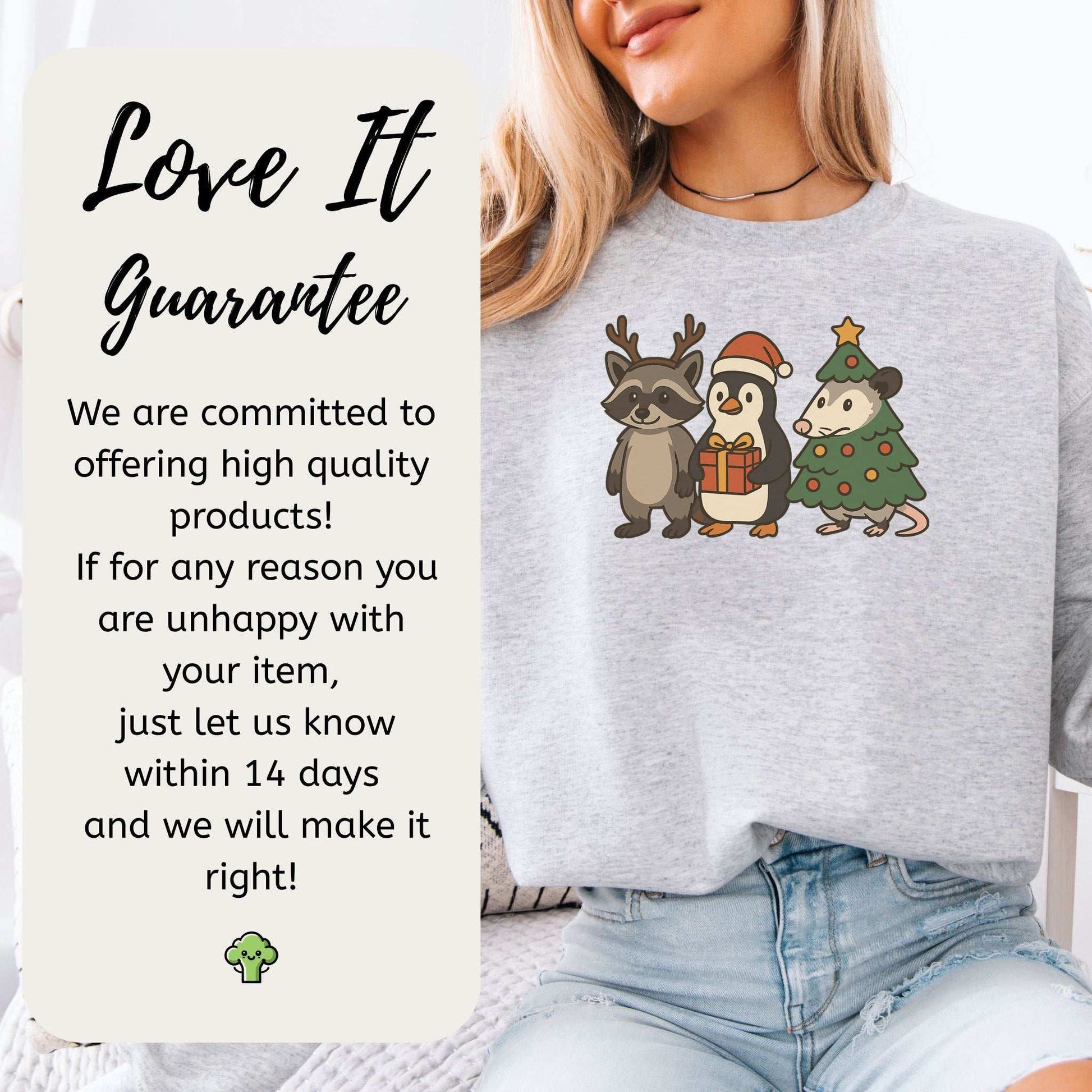Christmas Critters Sweatshirt – Funny Raccoon, Penguin & Possum Chaos