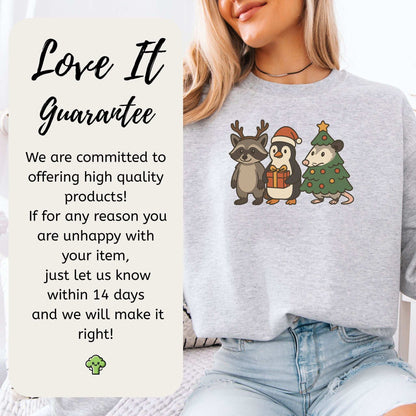 Christmas Critters Sweatshirt – Funny Raccoon, Penguin & Possum Chaos