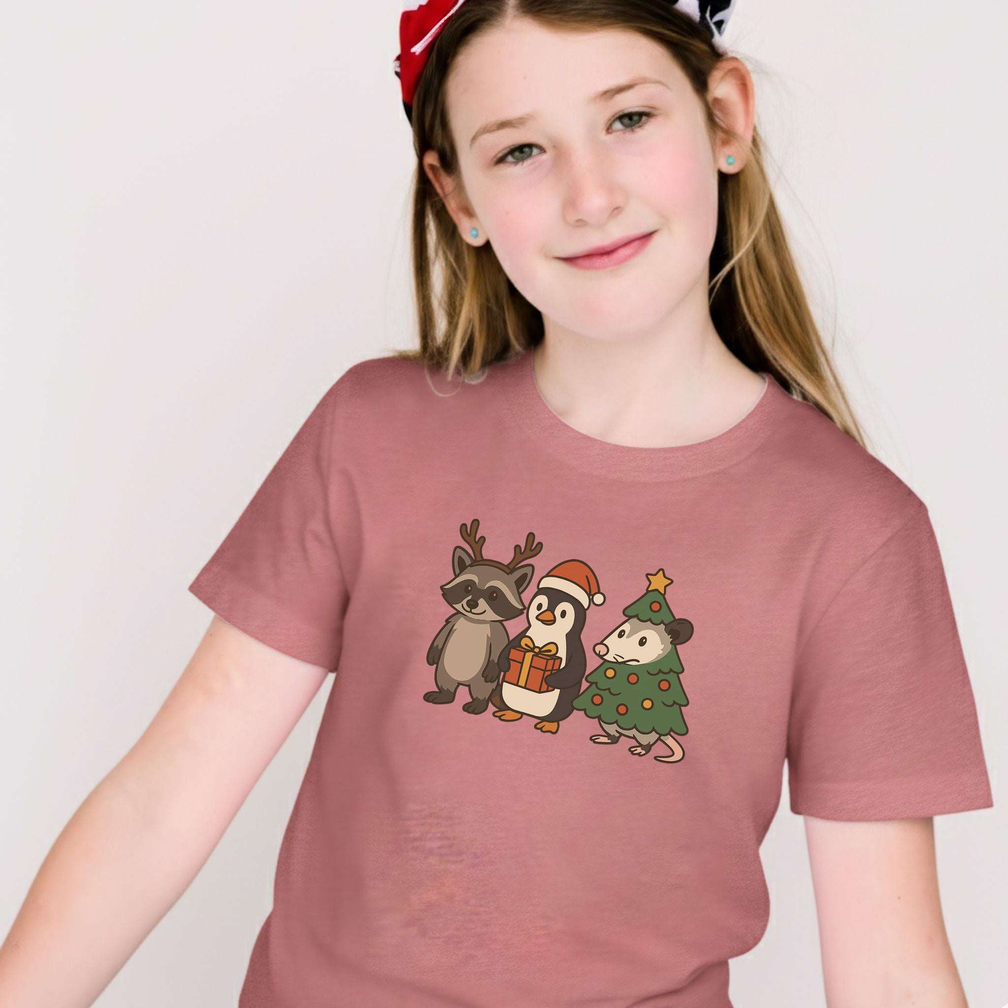 Christmas Critters Youth Tee – Funny Raccoon, Penguin & Possum Shirt