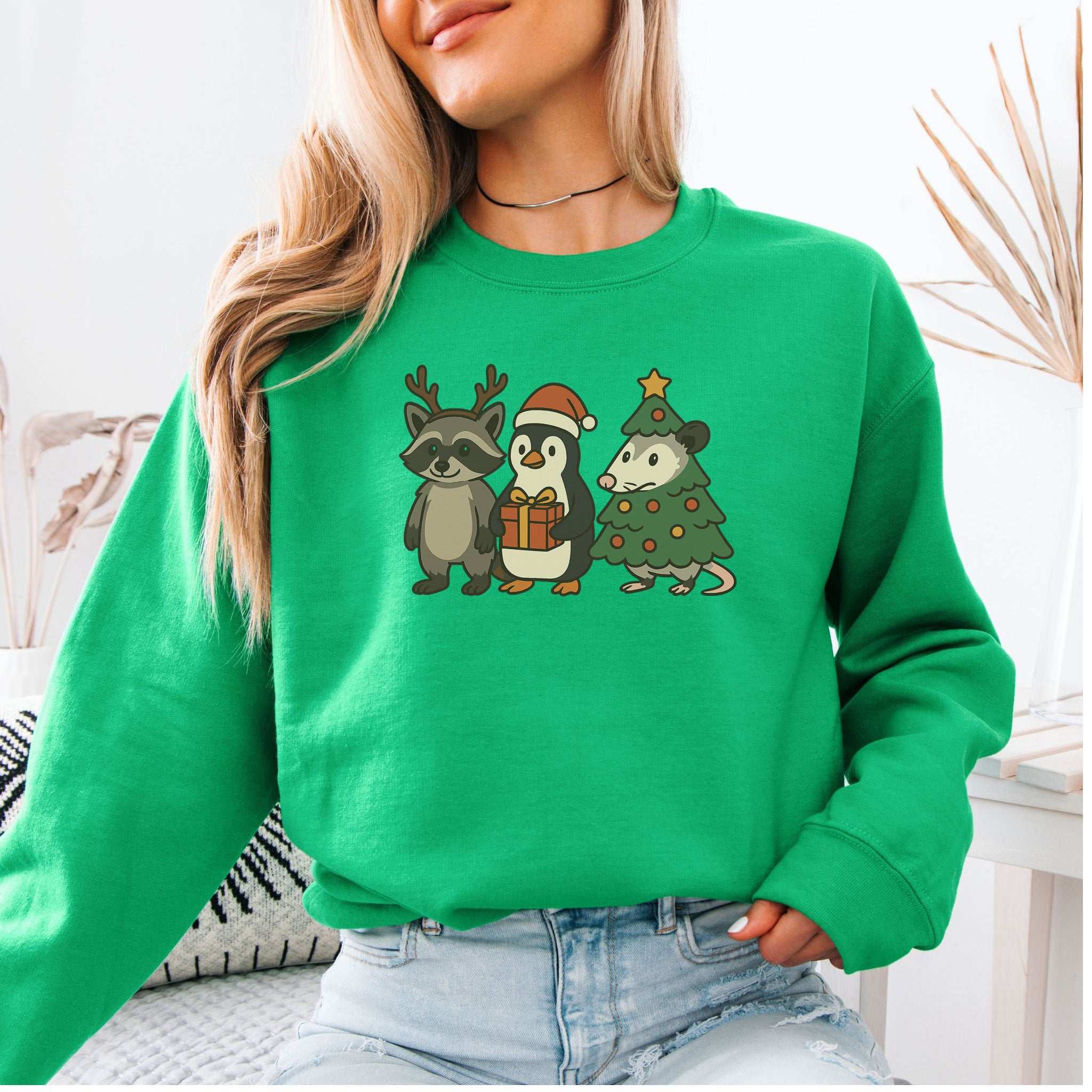Christmas Critters Sweatshirt – Funny Raccoon, Penguin & Possum Chaos