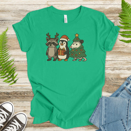 Christmas Critters T-Shirt – Funny Raccoon, Penguin & Possum Tee