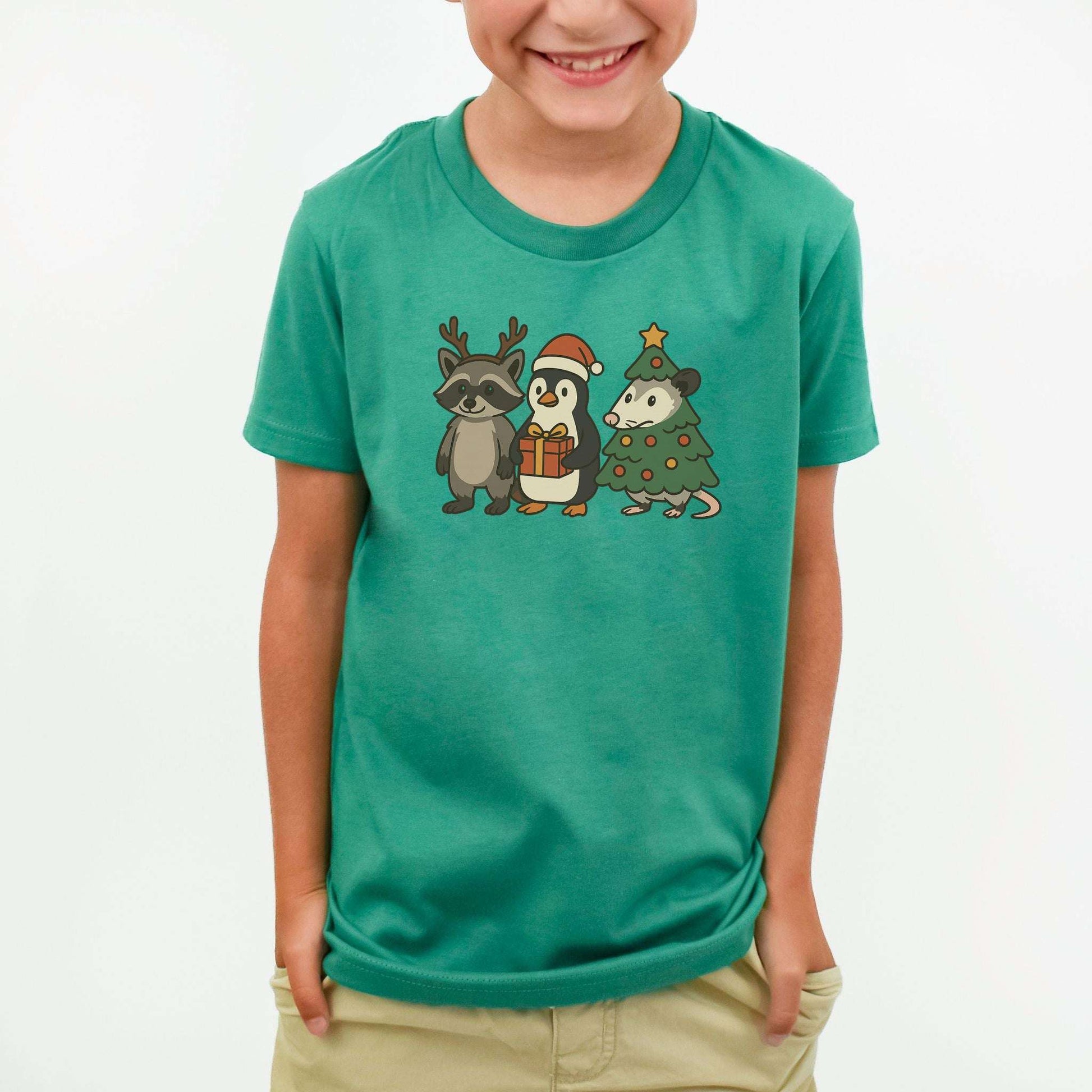 Christmas Critters Youth Tee – Funny Raccoon, Penguin & Possum Shirt
