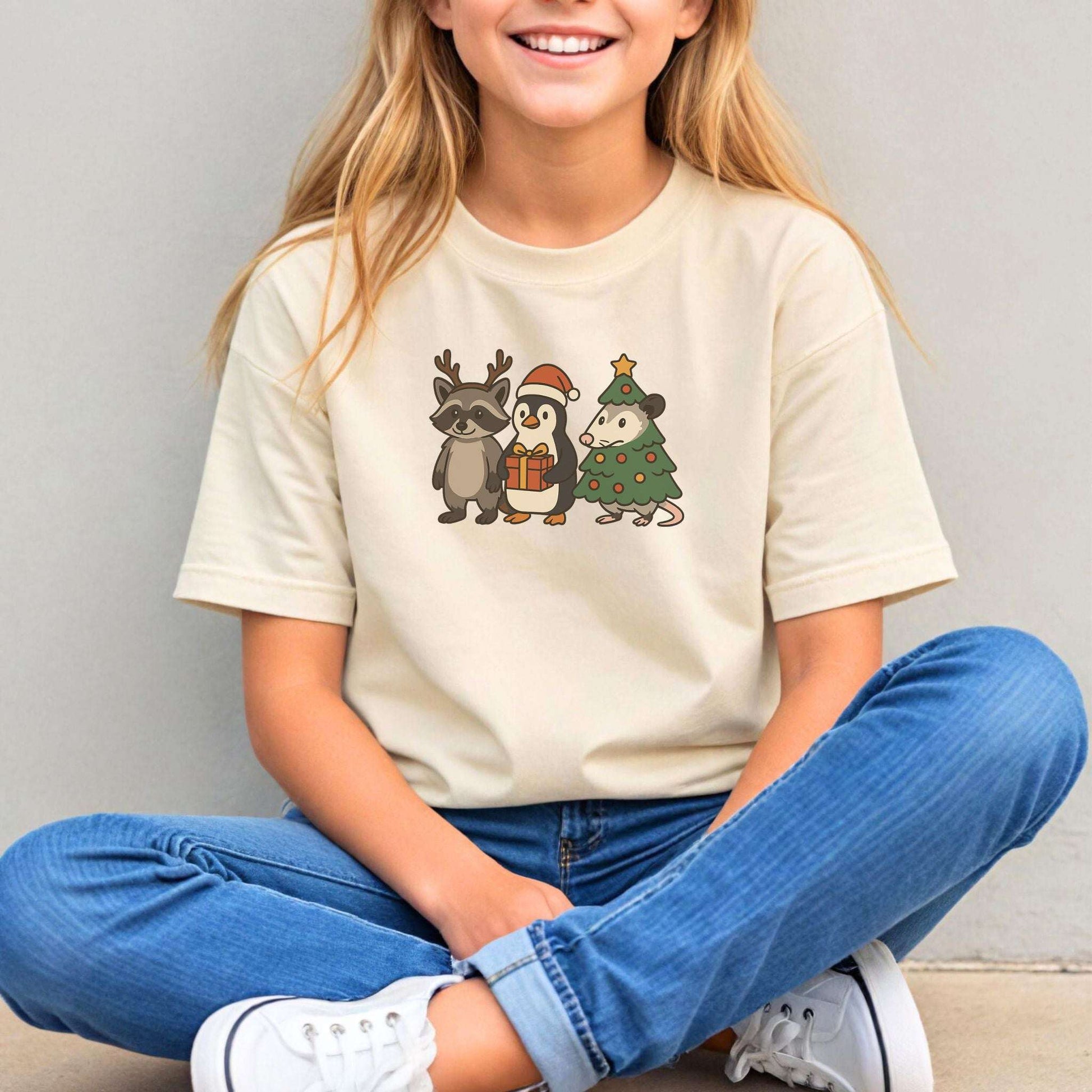 Christmas Critters Youth Tee – Funny Raccoon, Penguin & Possum Shirt