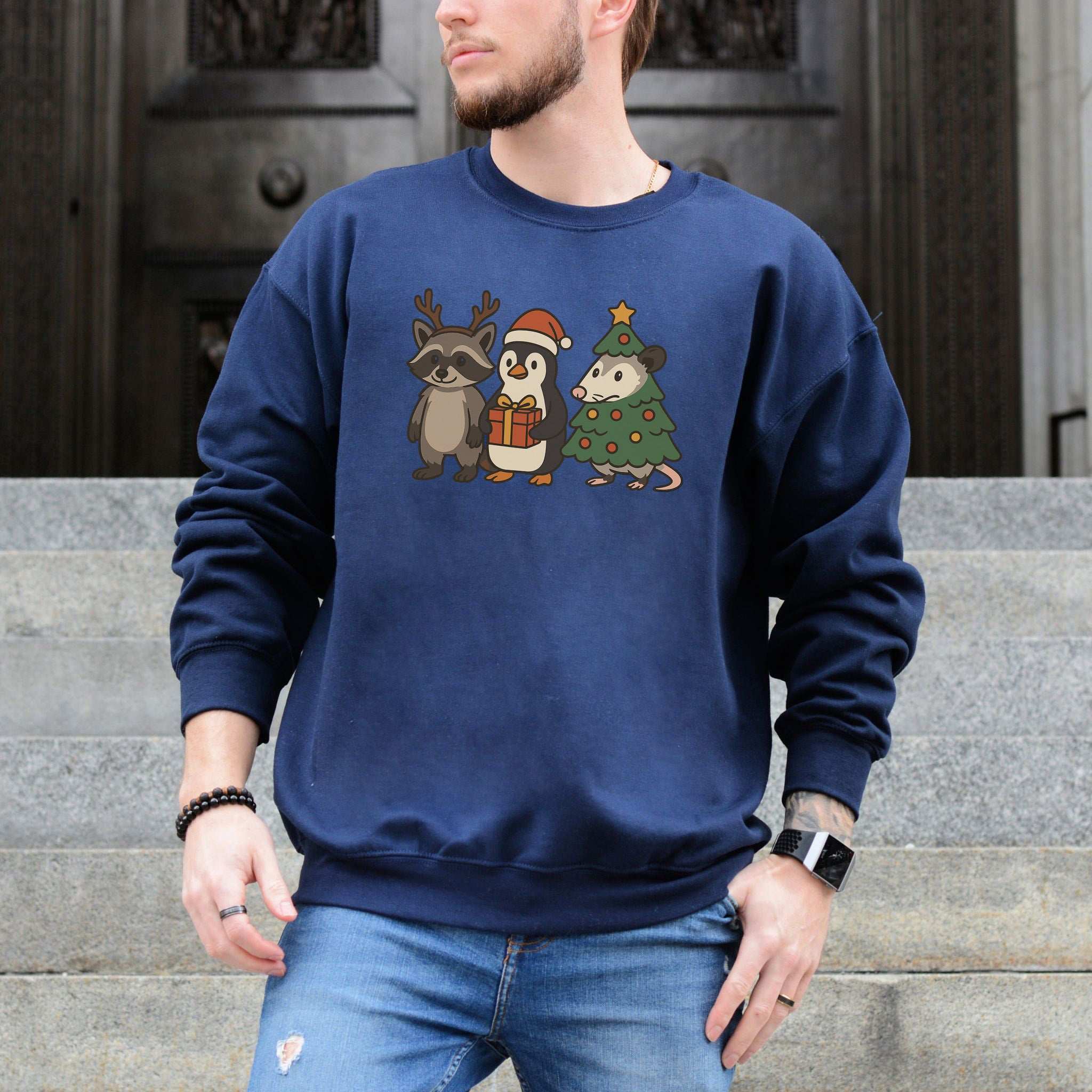 Christmas Critters Sweatshirt – Funny Raccoon, Penguin & Possum Chaos