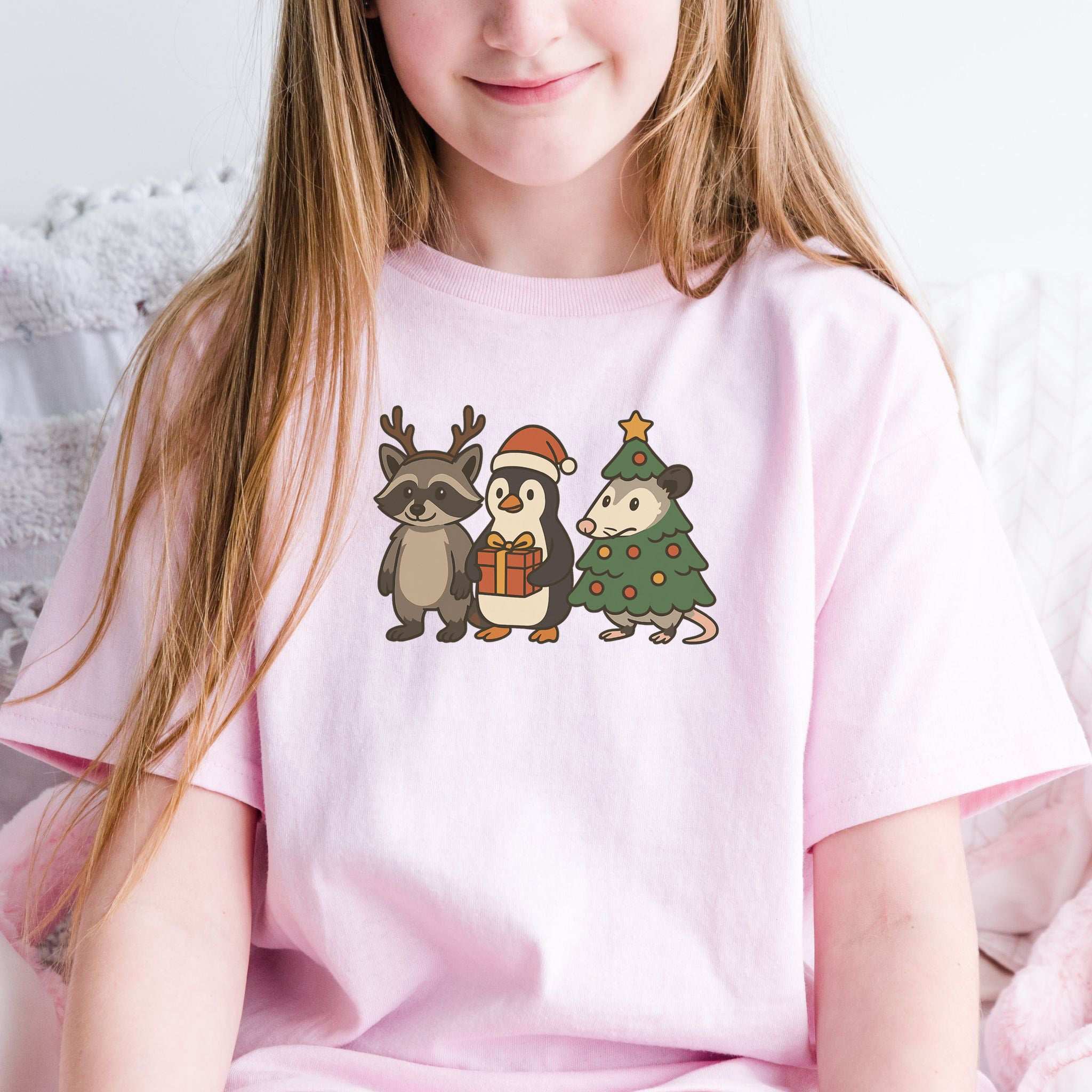 Christmas Critters Youth Tee – Funny Raccoon, Penguin & Possum Shirt