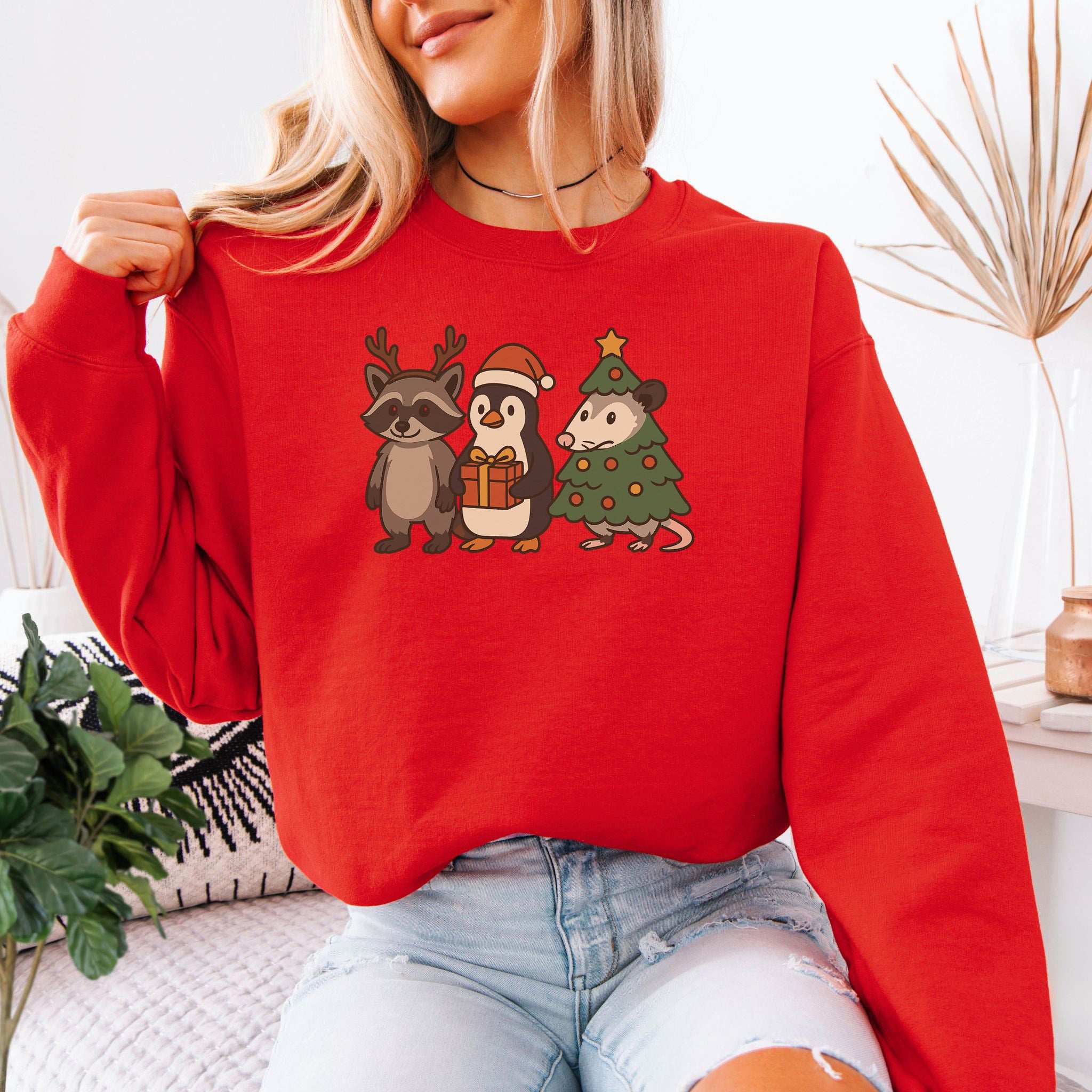 Christmas Critters Sweatshirt – Funny Raccoon, Penguin & Possum Chaos