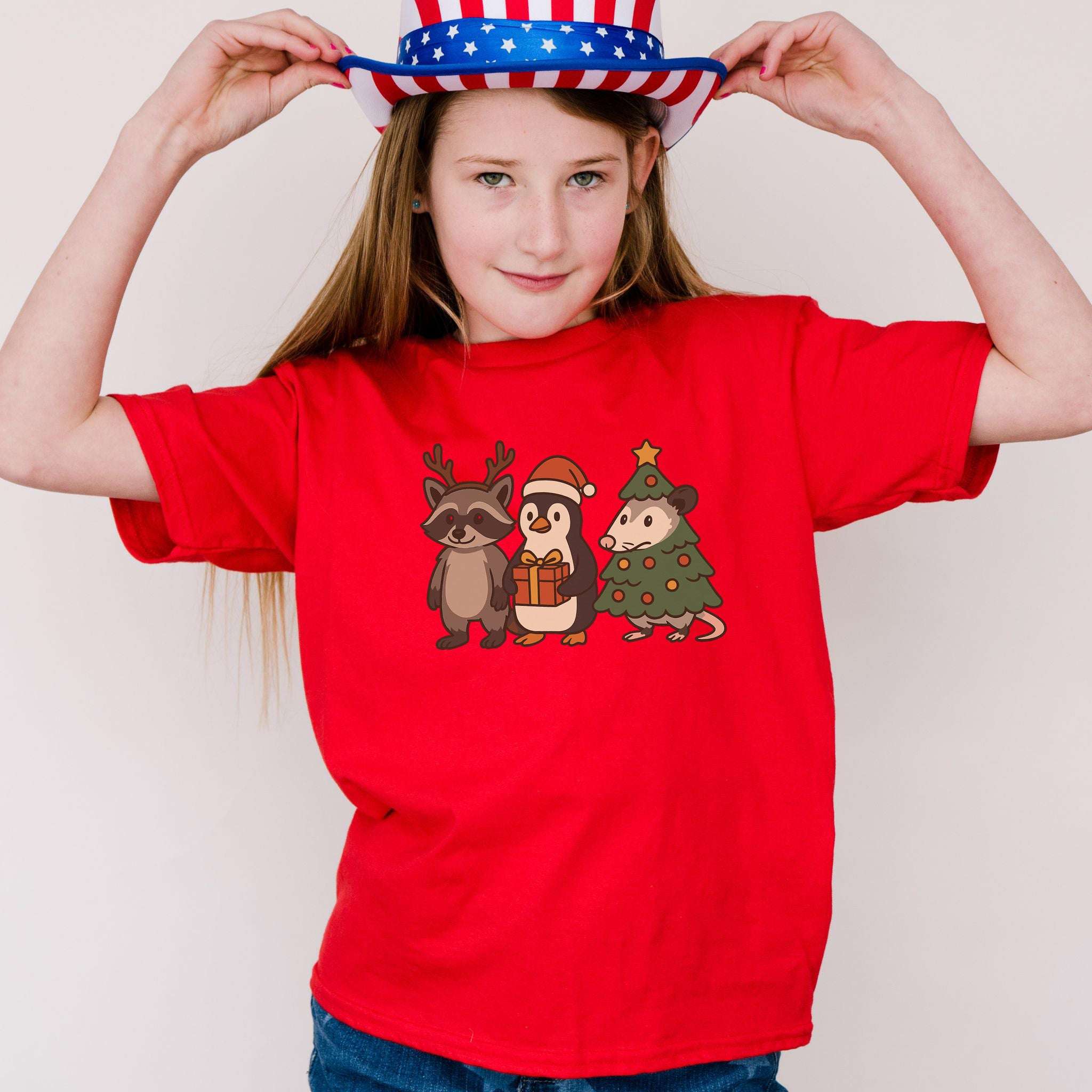 Christmas Critters Youth Tee – Funny Raccoon, Penguin & Possum Shirt