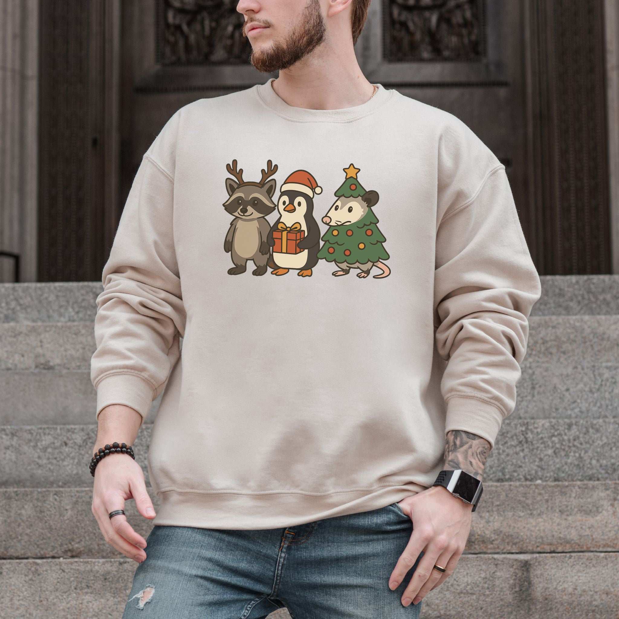 Christmas Critters Sweatshirt – Funny Raccoon, Penguin & Possum Chaos