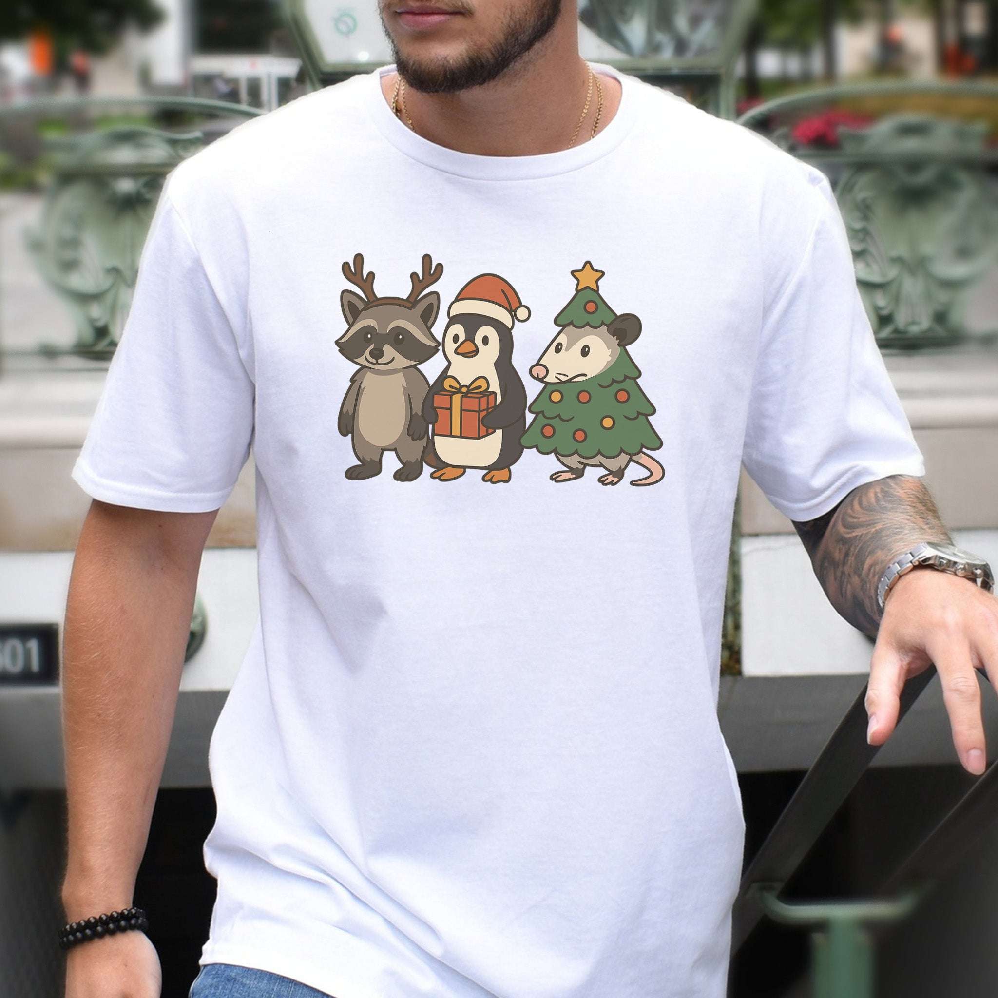 Christmas Critters T-Shirt – Funny Raccoon, Penguin & Possum Tee