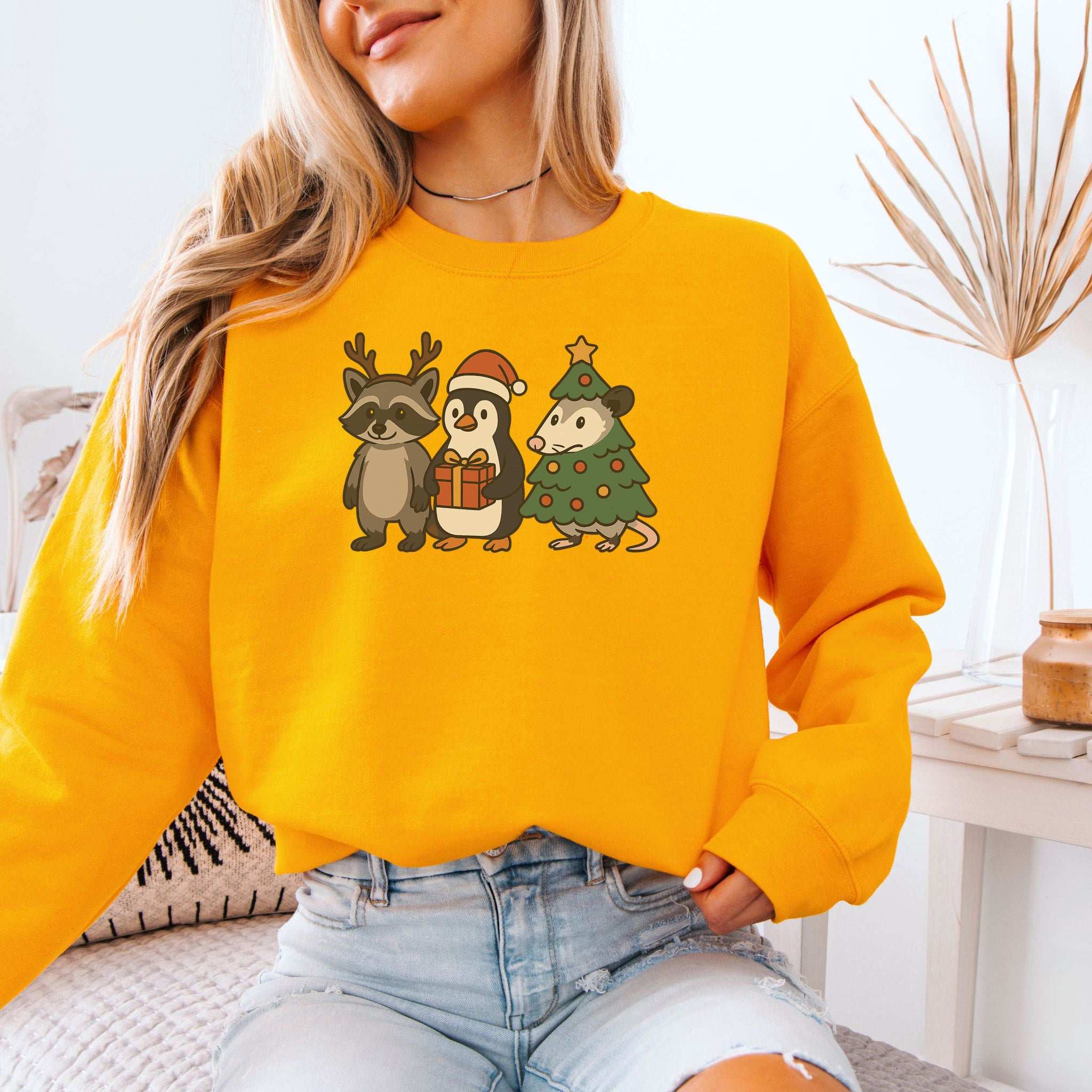 Christmas Critters Sweatshirt – Funny Raccoon, Penguin & Possum Chaos