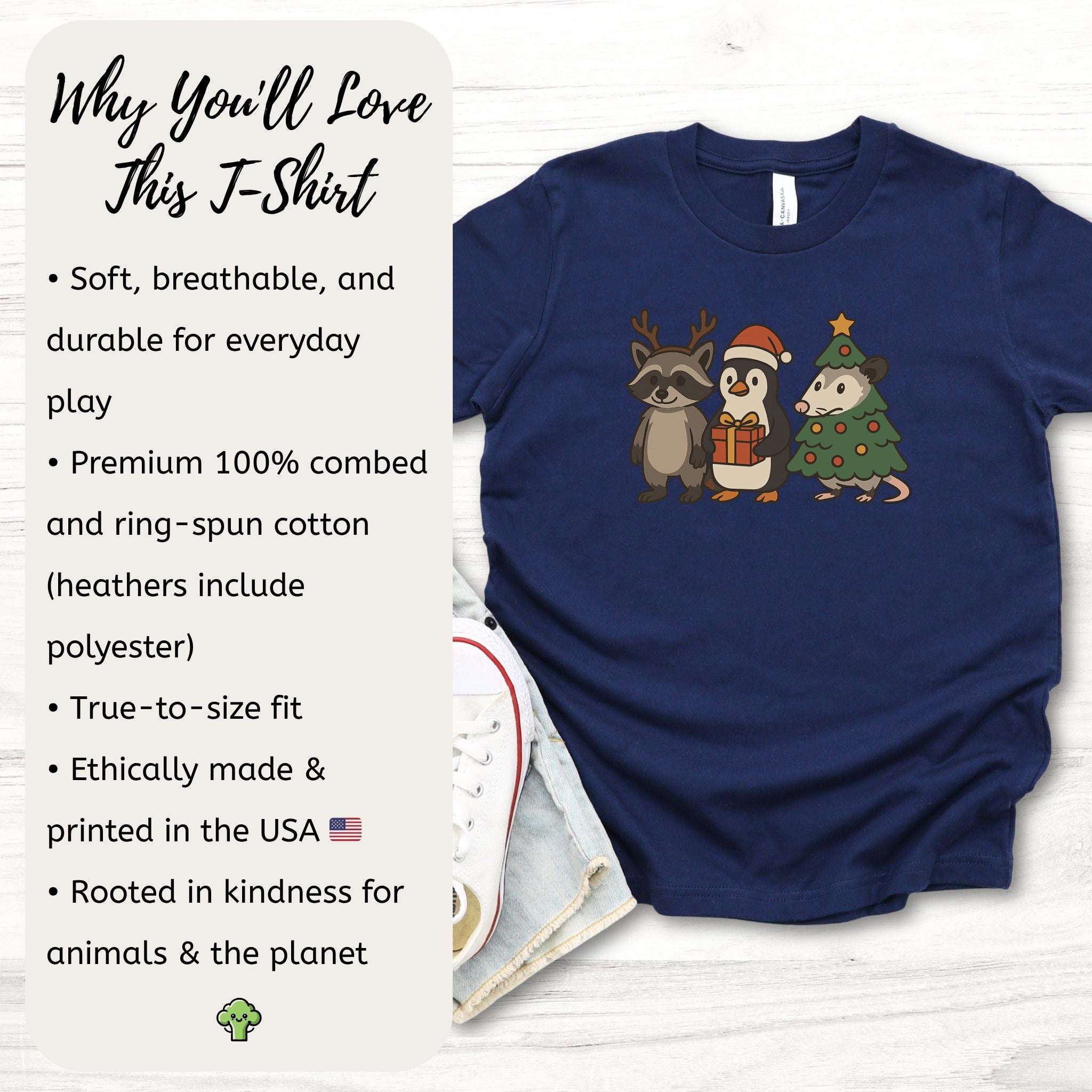 Christmas Critters Youth Tee – Funny Raccoon, Penguin & Possum Shirt