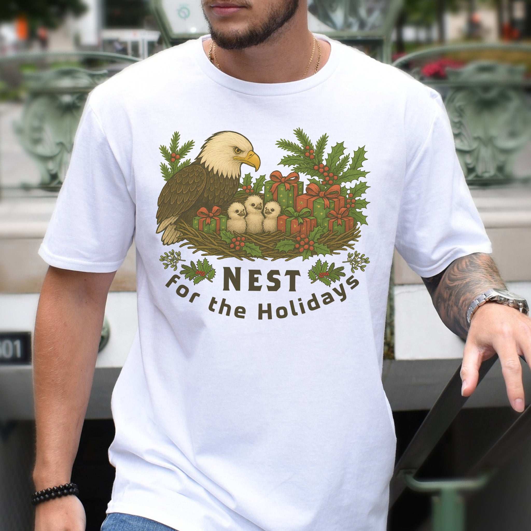 Nest for the Holidays T-Shirt – Funny Bald Eagle Christmas Tee