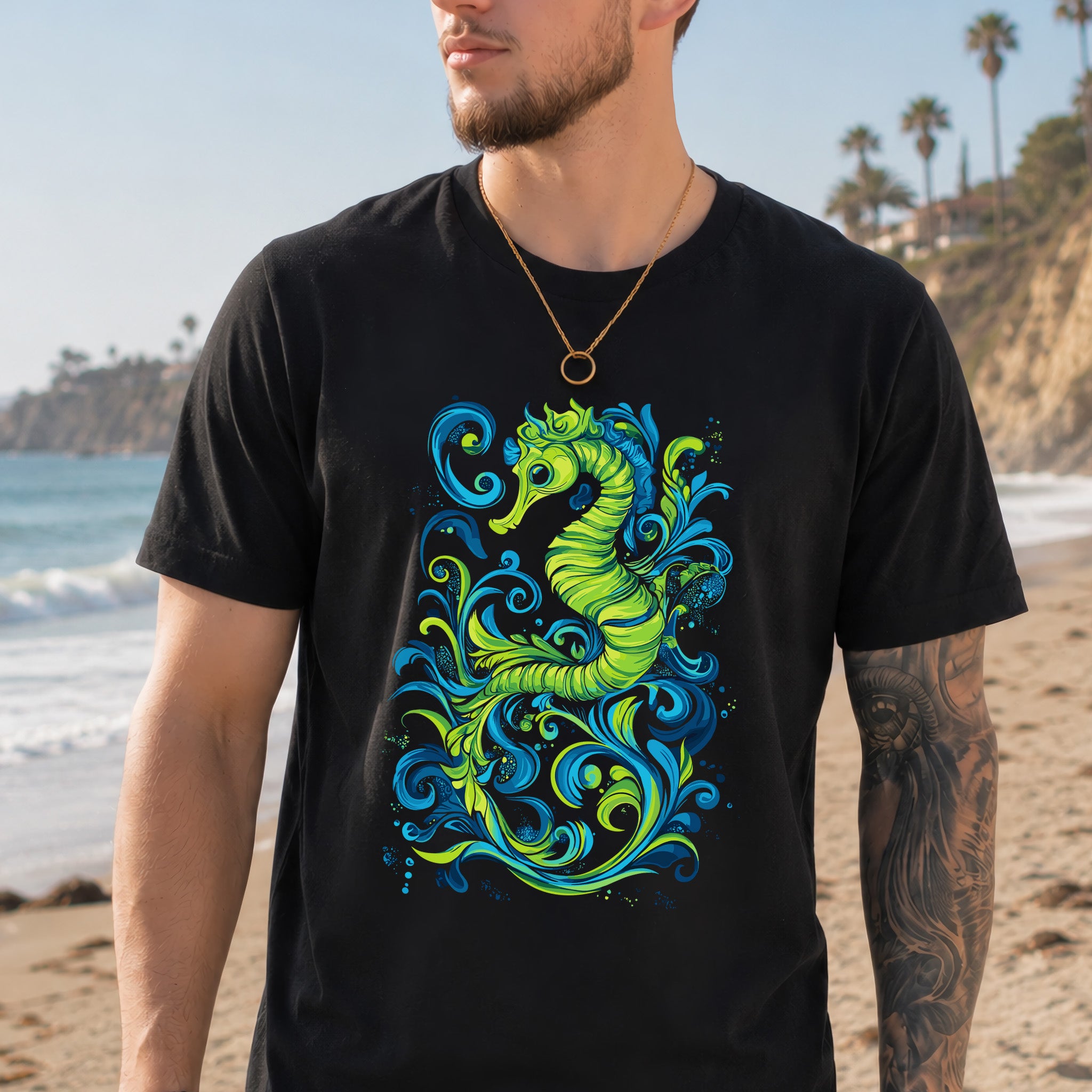 Colorful Seahorse T-Shirt – Ocean Magic in Green & Blue