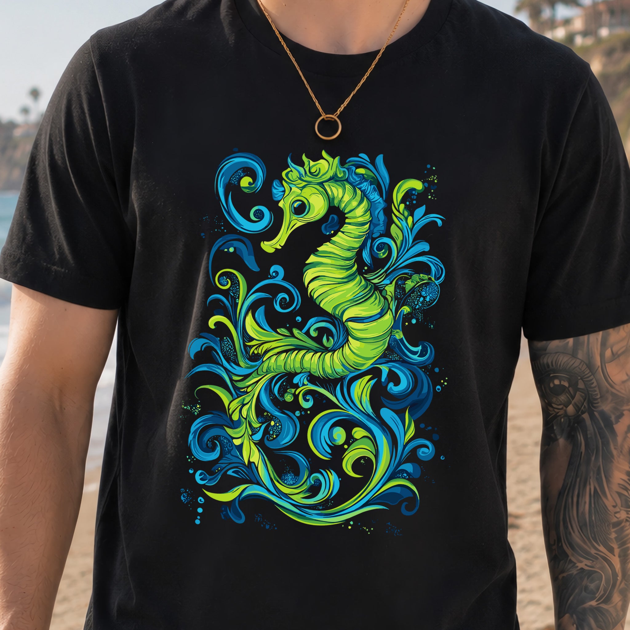 Colorful Seahorse T-Shirt – Ocean Magic in Green & Blue