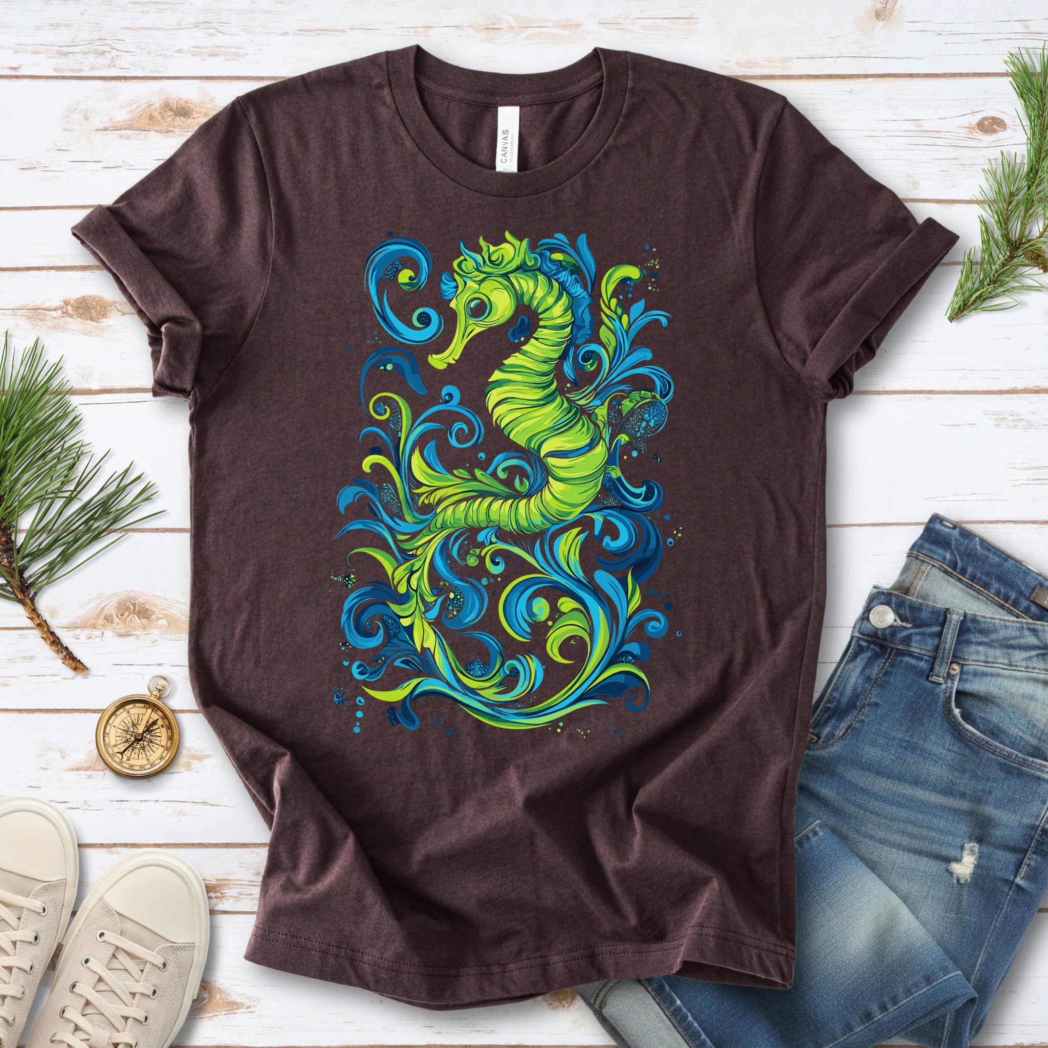 Colorful Seahorse T-Shirt – Ocean Magic in Green & Blue