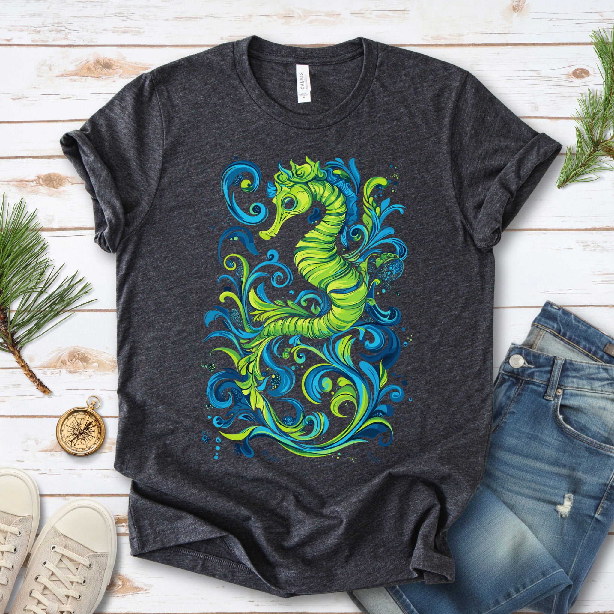 Colorful Seahorse T-Shirt – Ocean Magic in Green & Blue