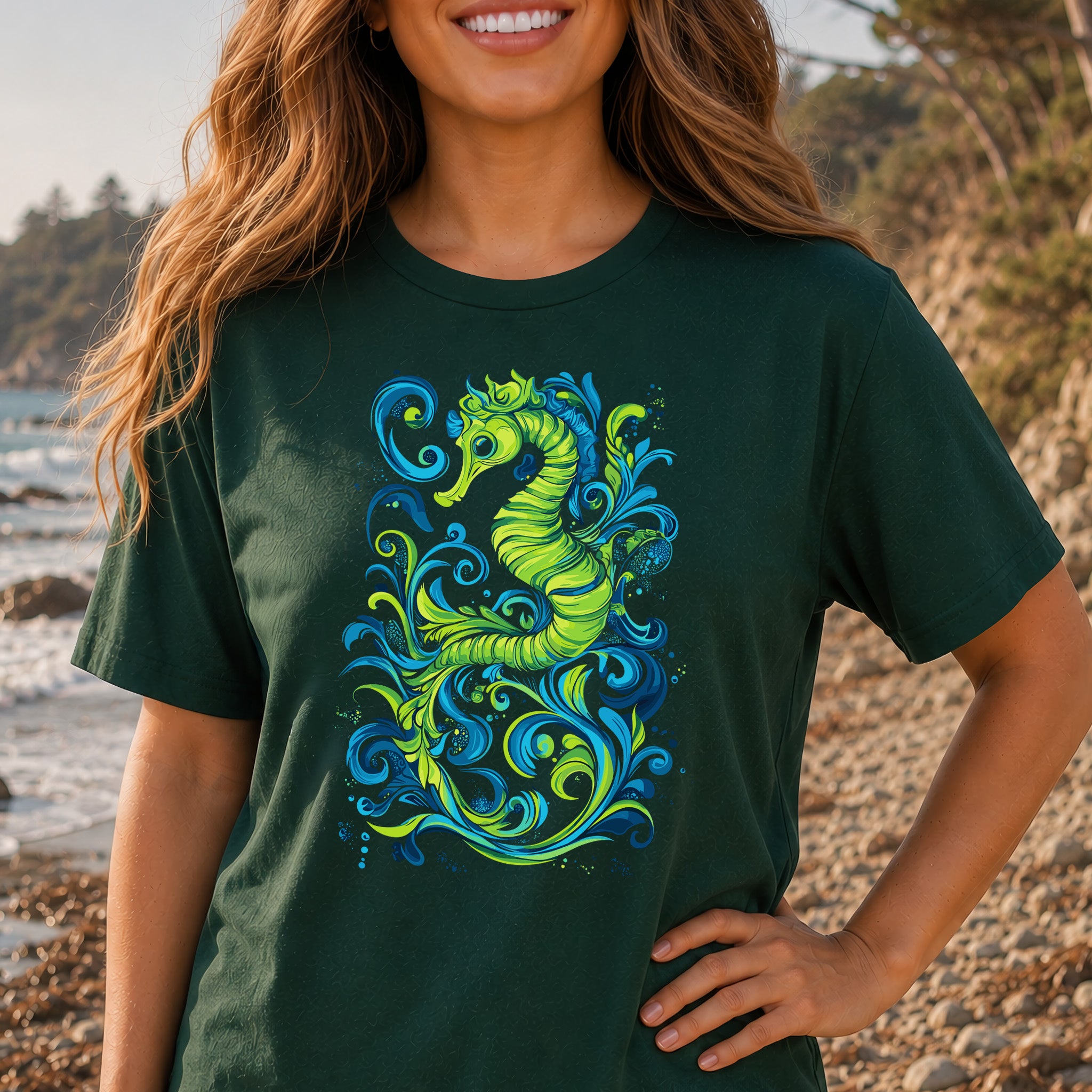 Colorful Seahorse T-Shirt – Ocean Magic in Green & Blue