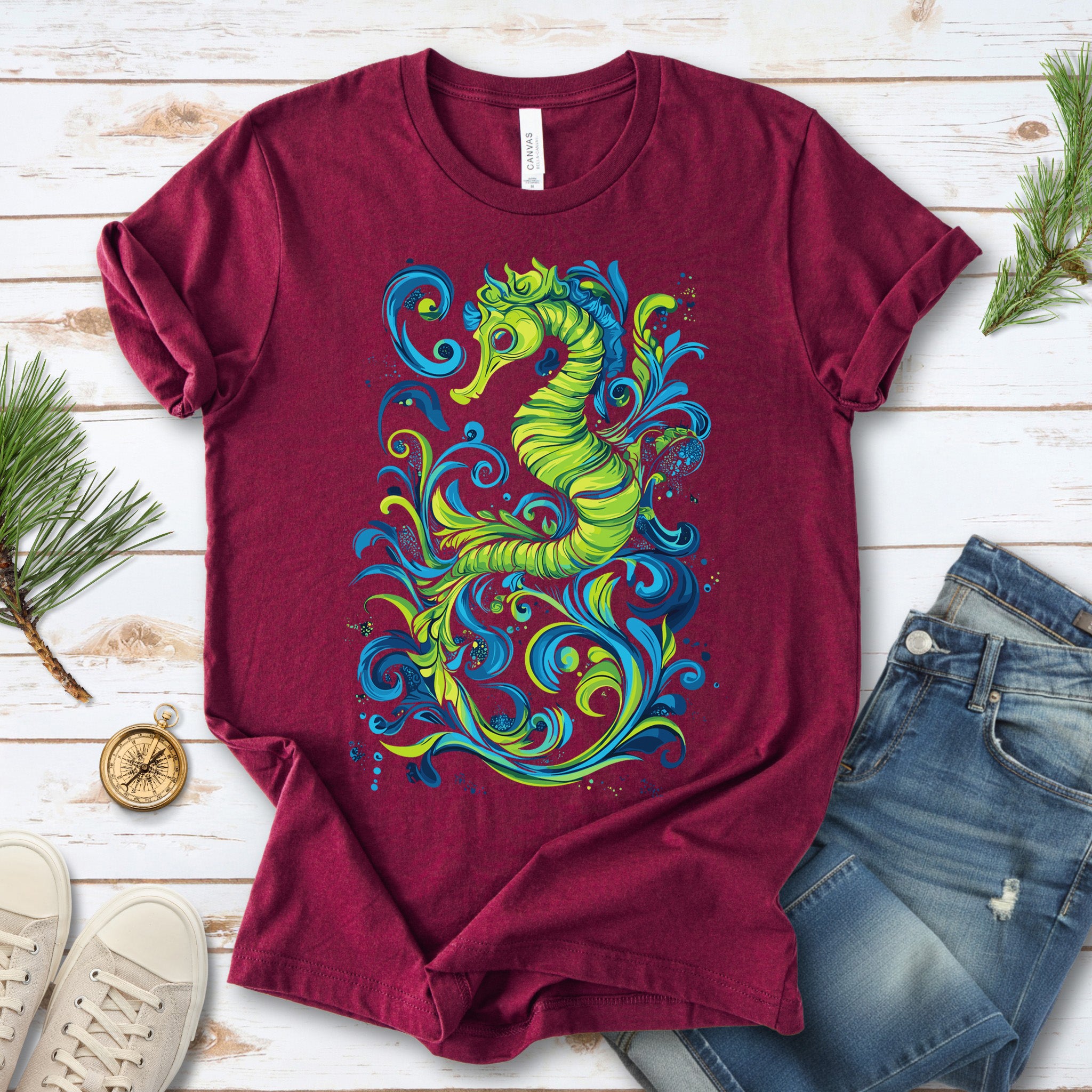 Colorful Seahorse T-Shirt – Ocean Magic in Green & Blue
