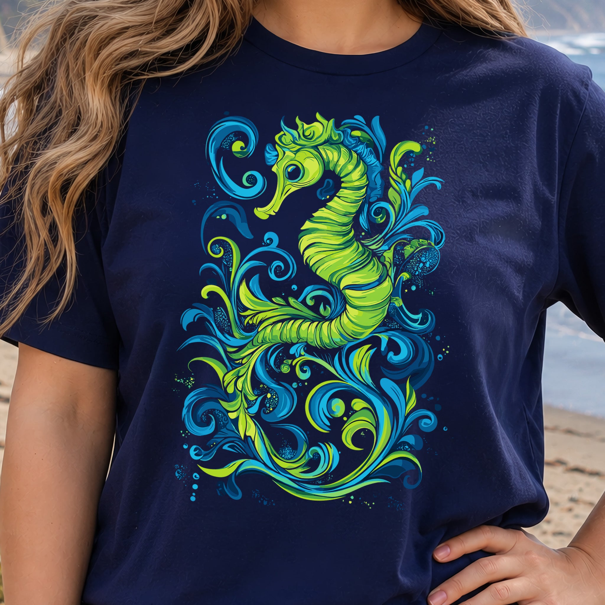Colorful Seahorse T-Shirt – Ocean Magic in Green & Blue