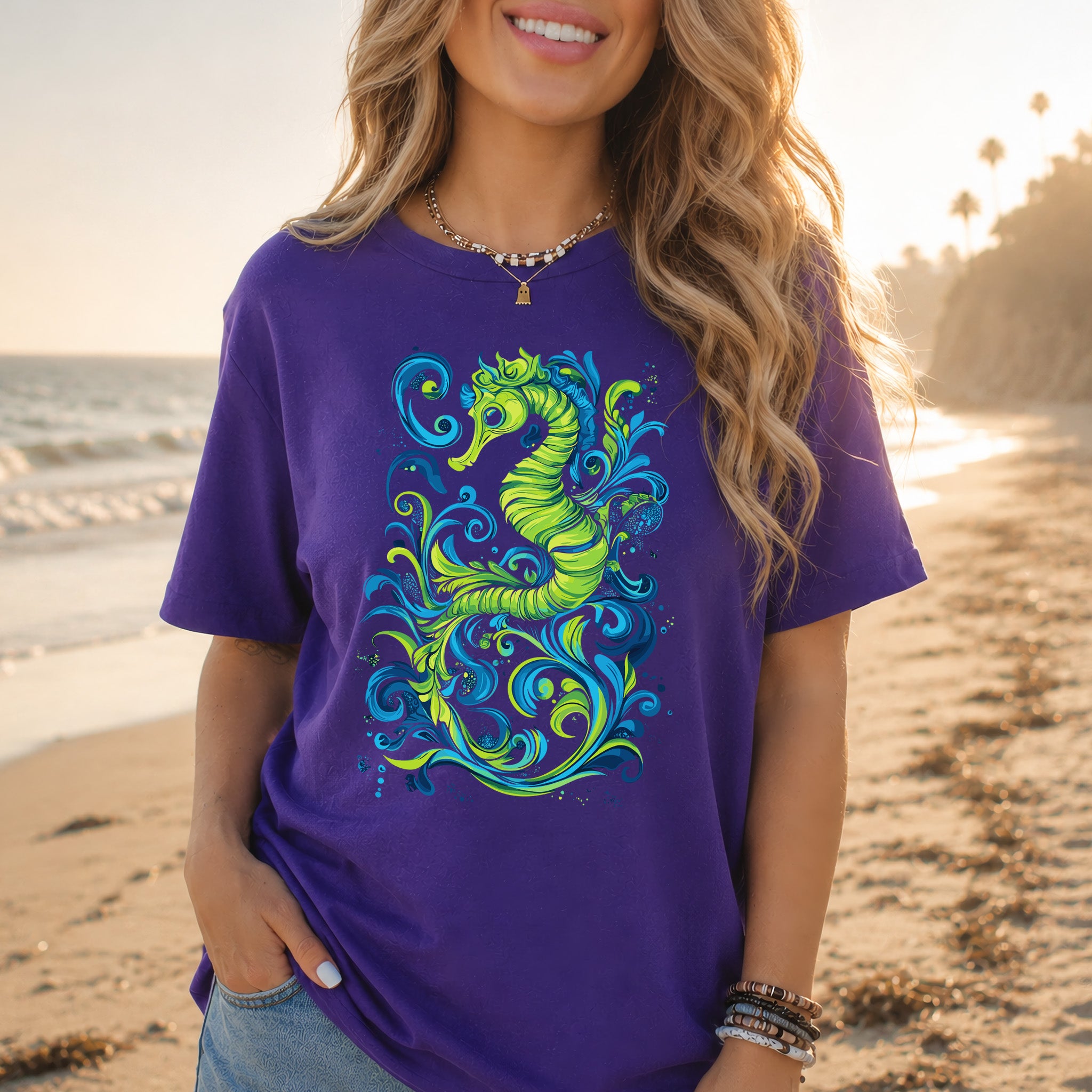 Colorful Seahorse T-Shirt – Ocean Magic in Green & Blue