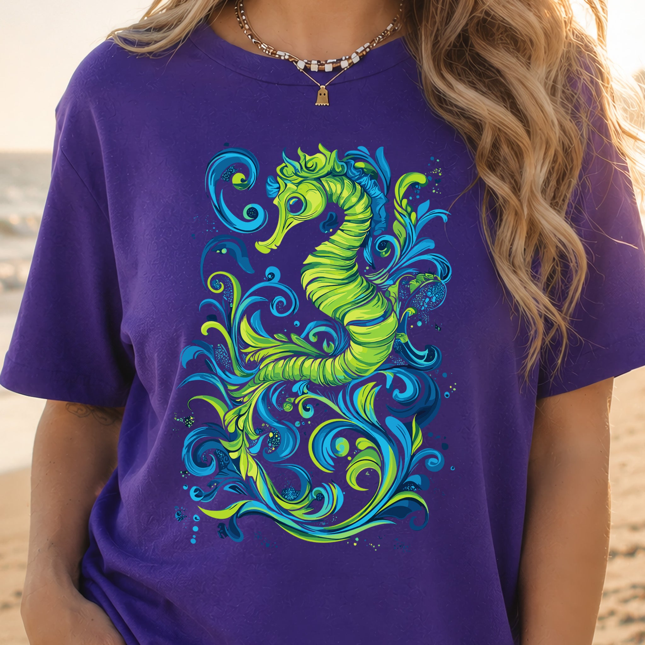 Colorful Seahorse T-Shirt – Ocean Magic in Green & Blue