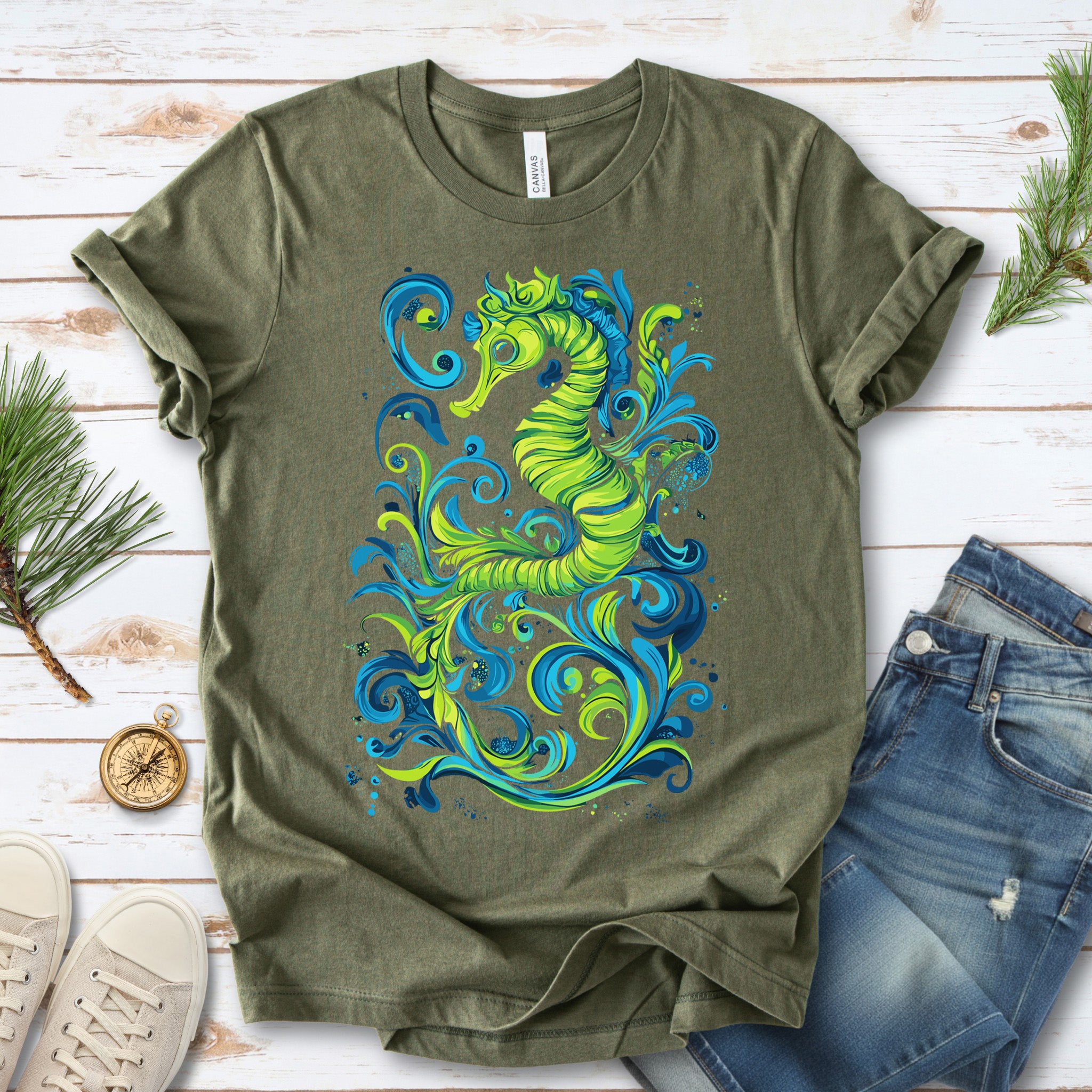 Colorful Seahorse T-Shirt – Ocean Magic in Green & Blue
