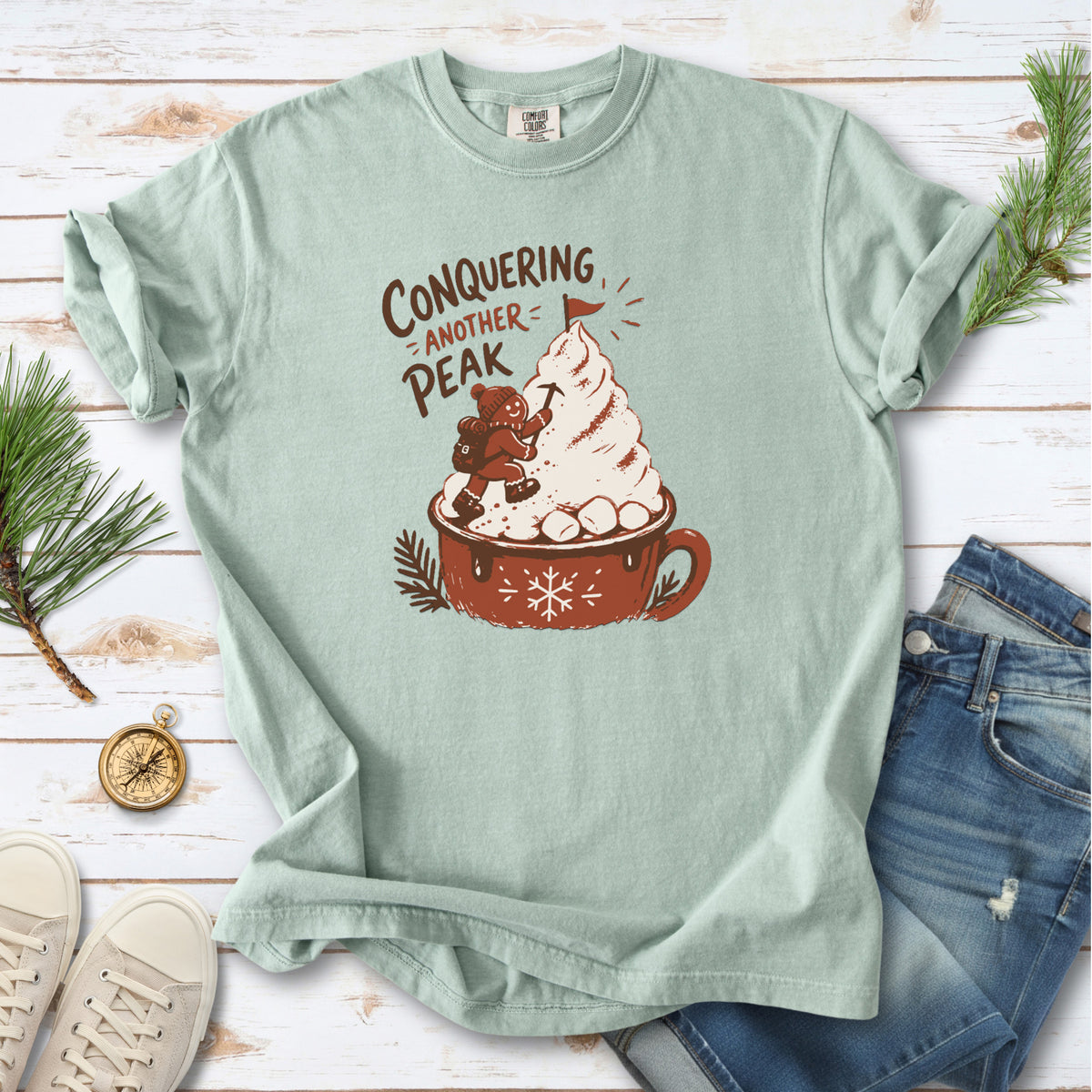 Gingerbread Peak Climber Comfort Colors Shirt – Hot Cocoa Hiking Tee