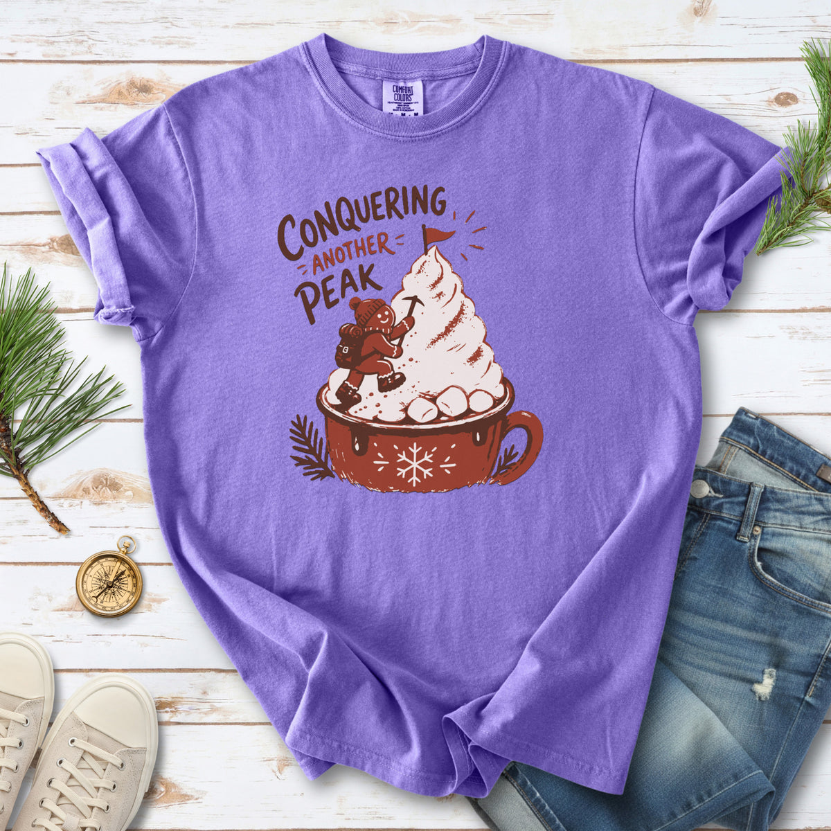 Gingerbread Peak Climber Comfort Colors Shirt – Hot Cocoa Hiking Tee