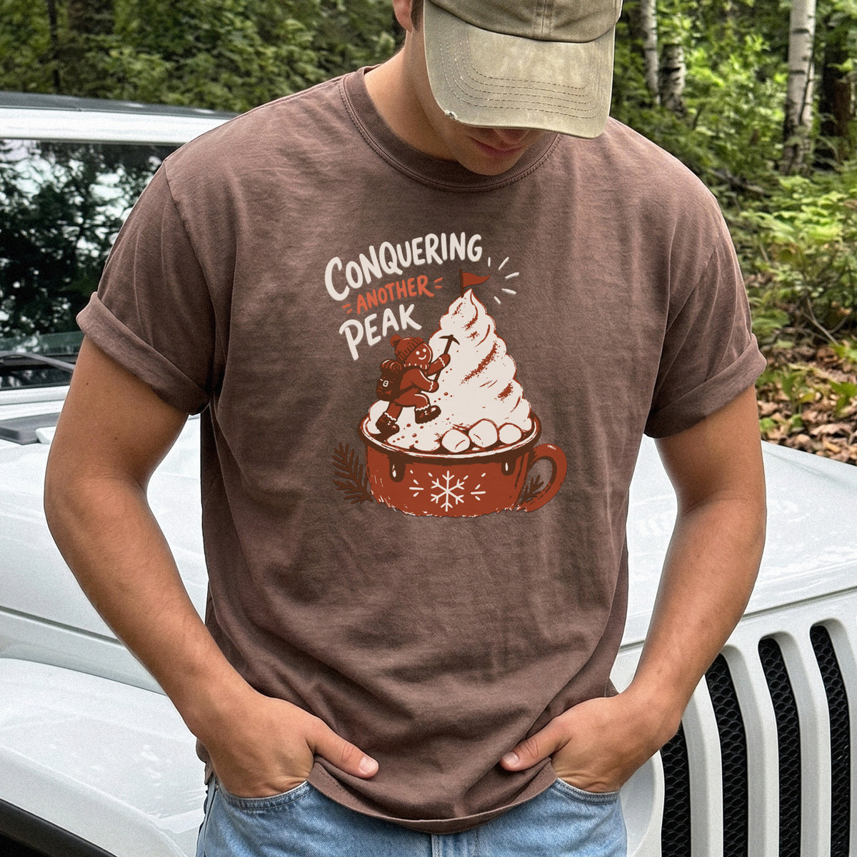Gingerbread Peak Climber Comfort Colors Shirt – Hot Cocoa Hiking Tee