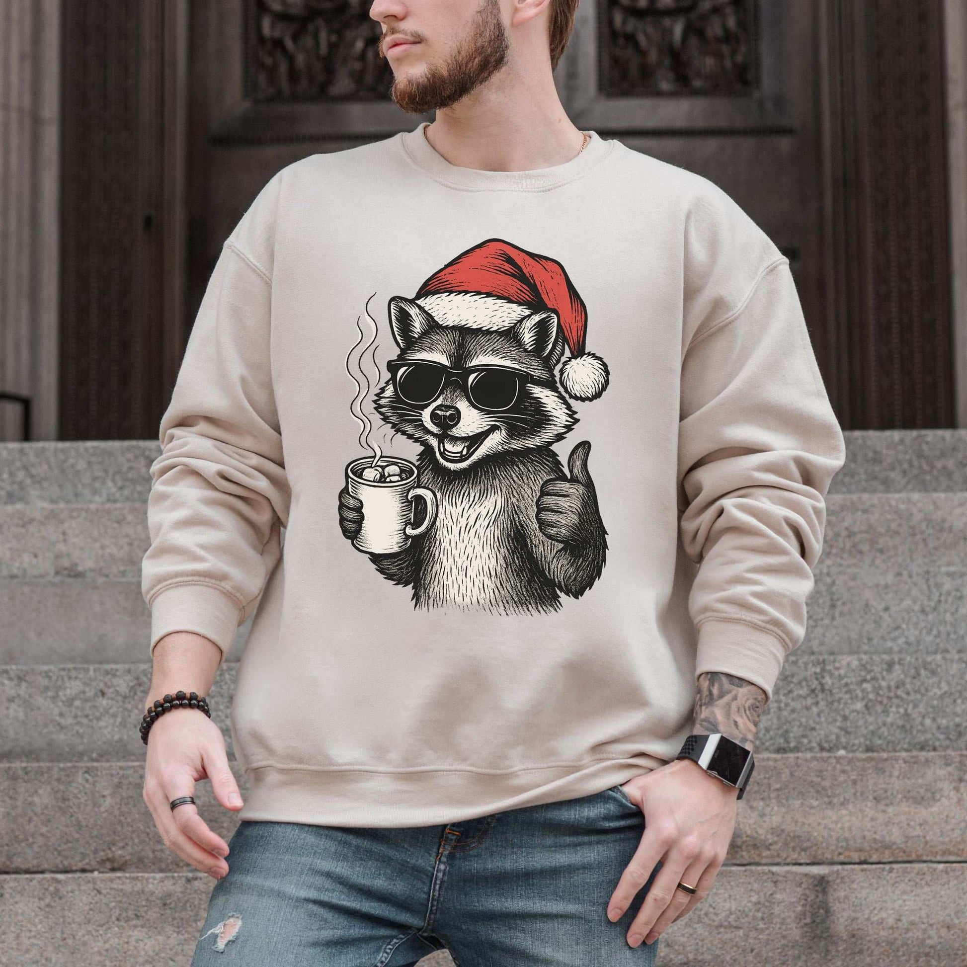 Cool Raccoon Christmas Sweatshirt – Santa Swag & Cocoa Vibes