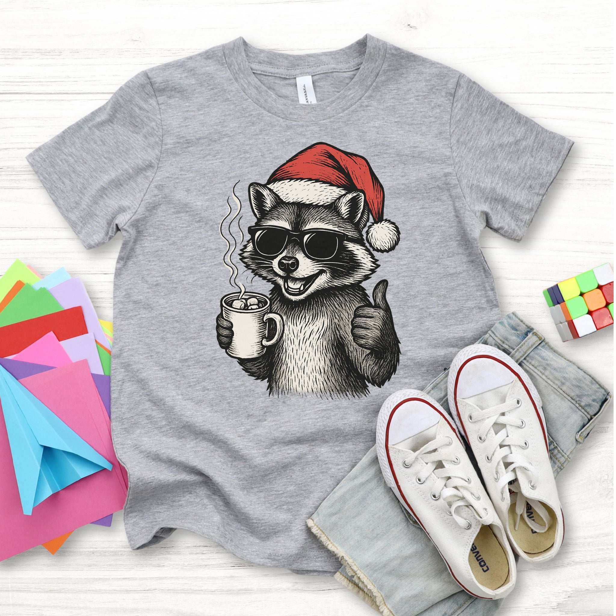 Cool Raccoon Christmas Youth Tee – Santa Swag & Cocoa Vibes