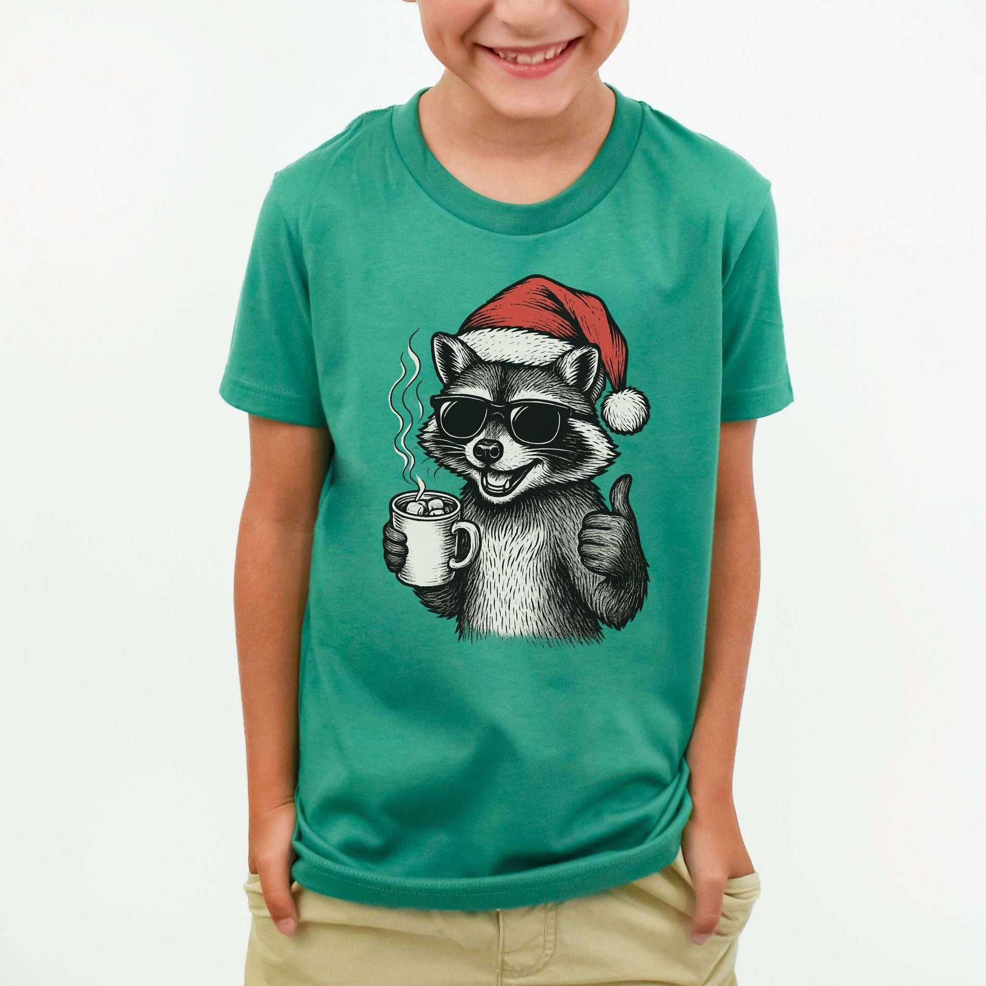 Cool Raccoon Christmas Youth Tee – Santa Swag & Cocoa Vibes