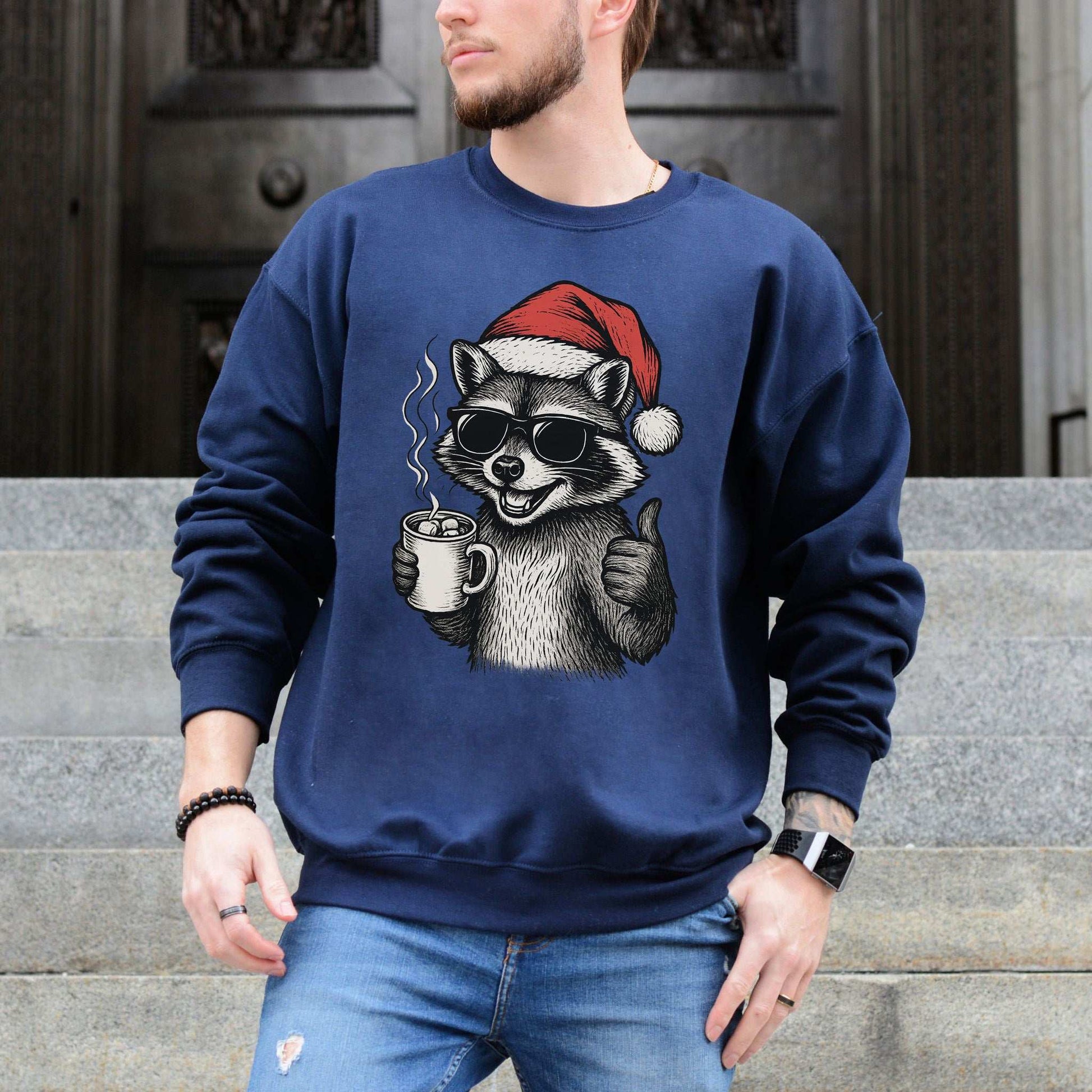 Cool Raccoon Christmas Sweatshirt – Santa Swag & Cocoa Vibes