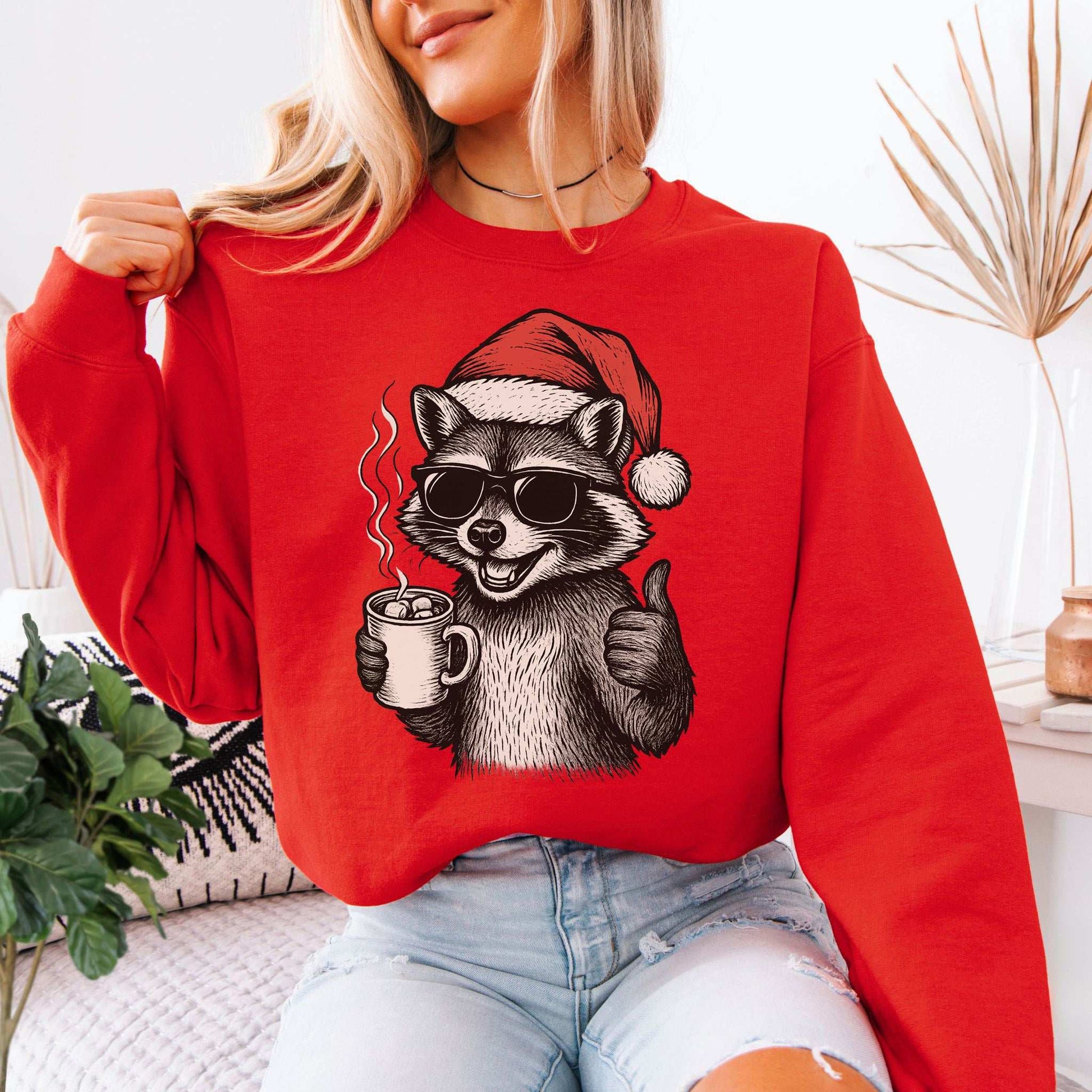 Cool Raccoon Christmas Sweatshirt – Santa Swag & Cocoa Vibes