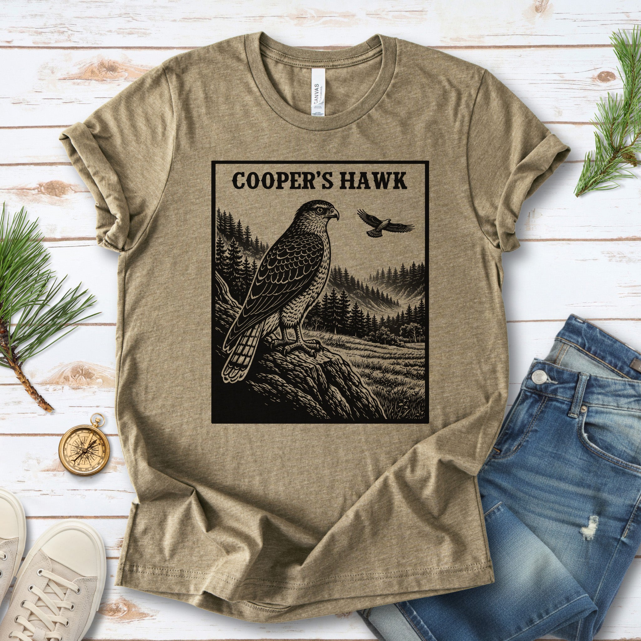 Cooper’s Hawk Vintage Raptor Illustration Birdwatching T-Shirt