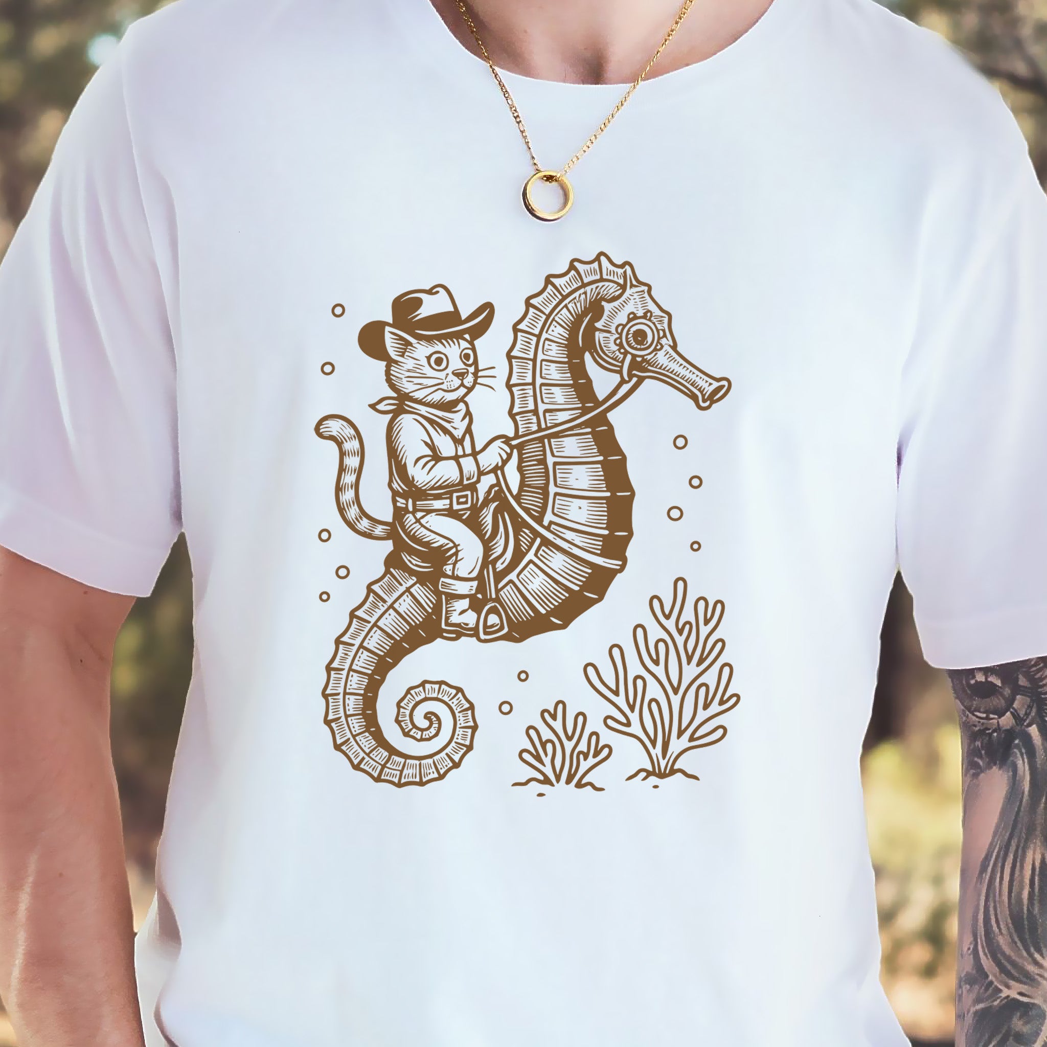 Cowboy Cat Seahorse T-Shirt – Retro Ocean Rodeo Animal Lover Tee
